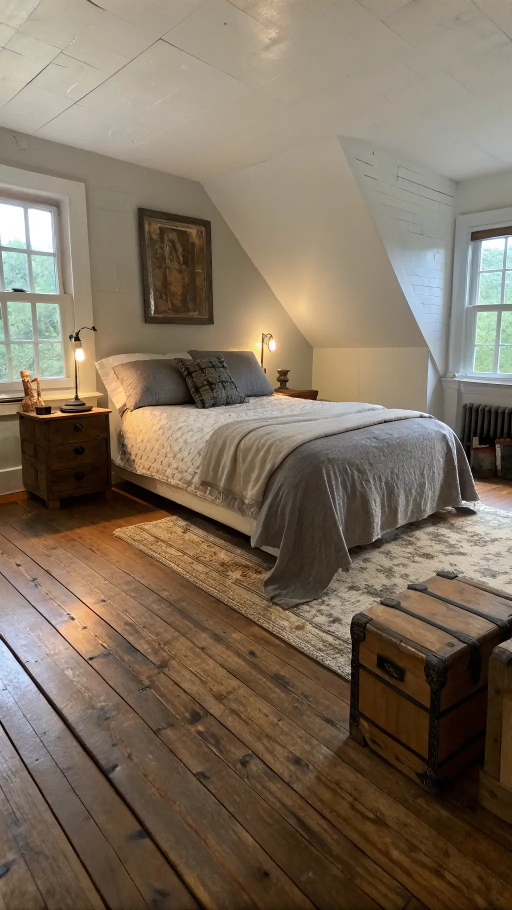 Vintage 14x16ft bedroom with original hardwood floors, low-profile bed with gray and ecru linens, hand-thrown ceramics, and wooden boxes in soft twilight, viewed from a 30-degree angle.