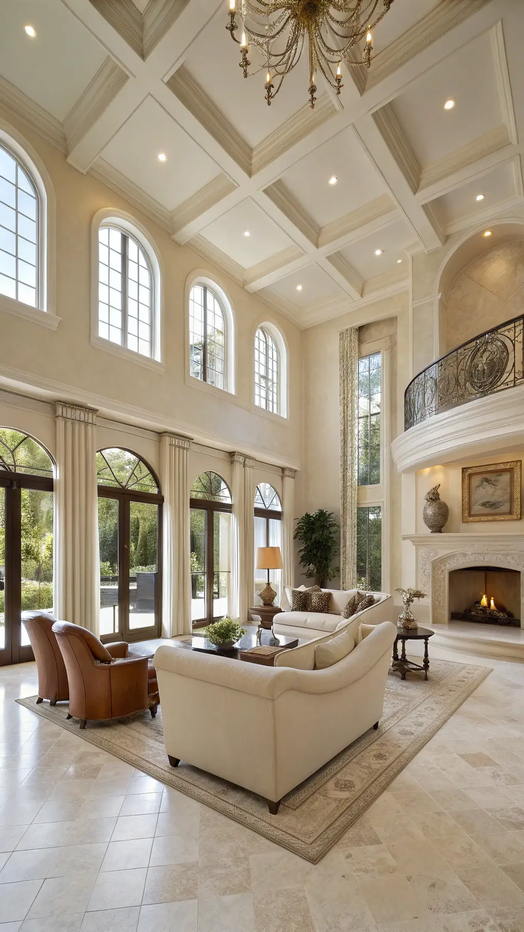 Luxurious living room with 12ft ceilings, Italian travertine floors, floor-to-ceiling windows, ivory sofa, leather chairs, and limestone fireplace under natural midday light.
