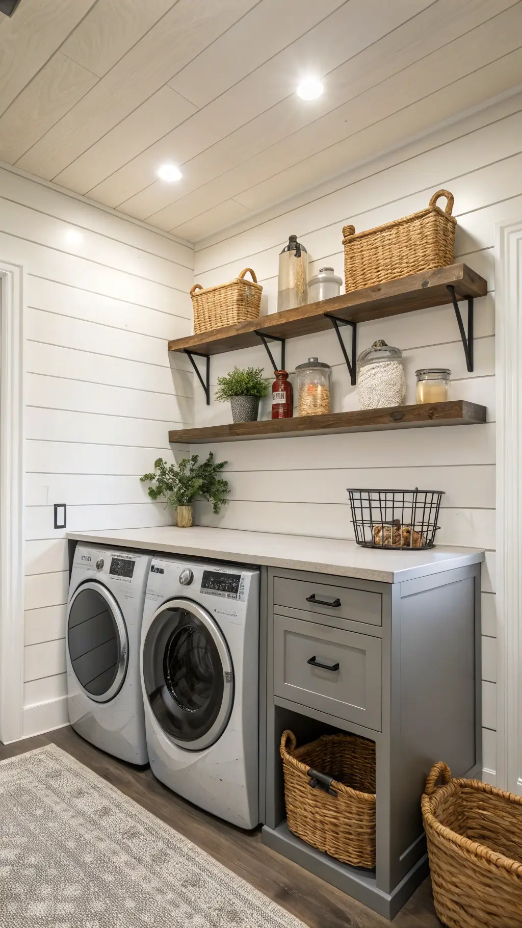 Modern farmhouse style compact laundry area with 6'x6' dimensions showcasing warm white vertical shiplap, gray front-loading machines, floating wooden shelves with amber glass jars and potted herbs, black and natural fiber baskets, and motion-sensor under-cabinet lighting in morning light.