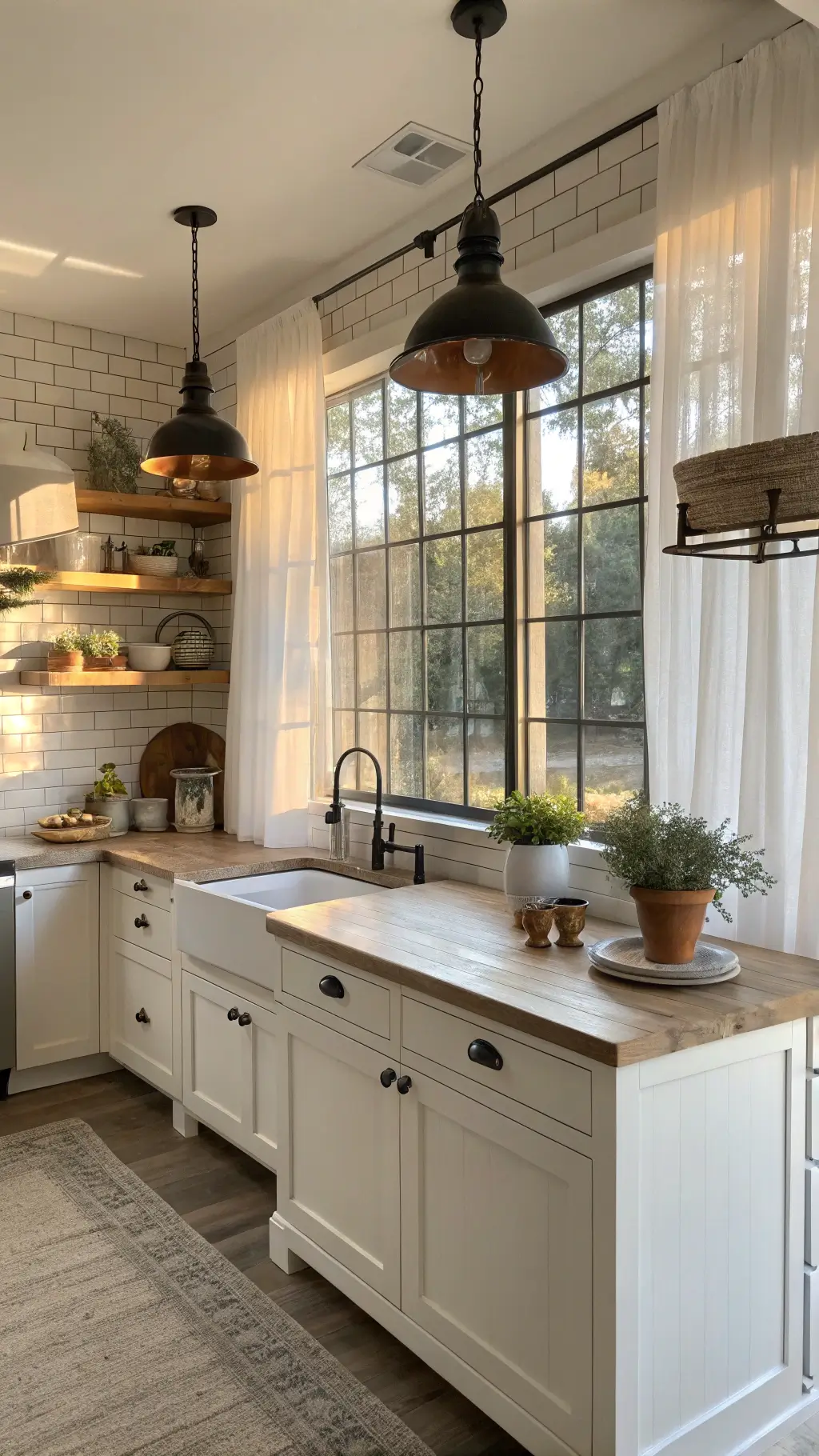 Sunny modern farmhouse kitchen with white shaker-style cabinets, weathered oak island, open shelving with pottery, wrought iron pendant lights, subway tile backsplash, and fresh herbs on windowsill.