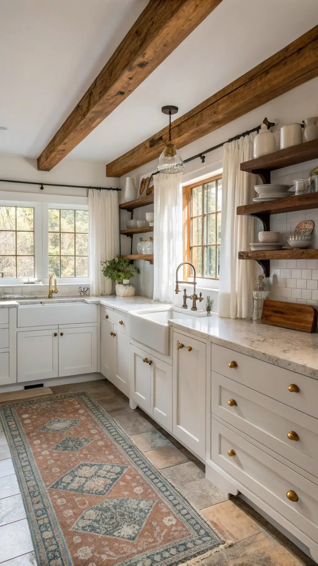 Bright and airy 14x16ft farmhouse kitchen in morning light, showcasing white cabinetry, marble countertops, reclaimed wood shelves displaying ironstone, and a vintage rug.