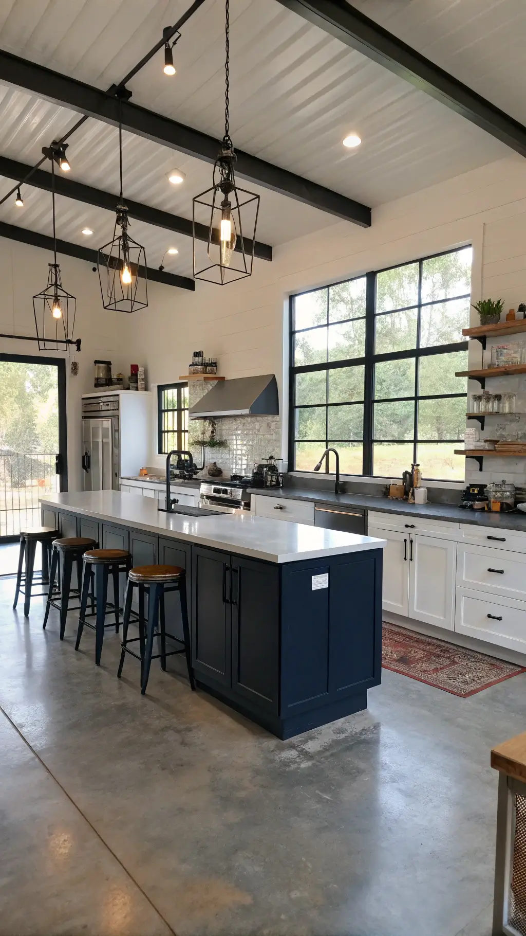A modern industrial farmhouse kitchen with navy and white two-tone cabinets, concrete floors, black steel-framed windows, stainless steel appliances, and zinc countertops. Features include open metal shelving with black pipe supports, a vintage edison bulb chandelier over the island, and old factory stools.