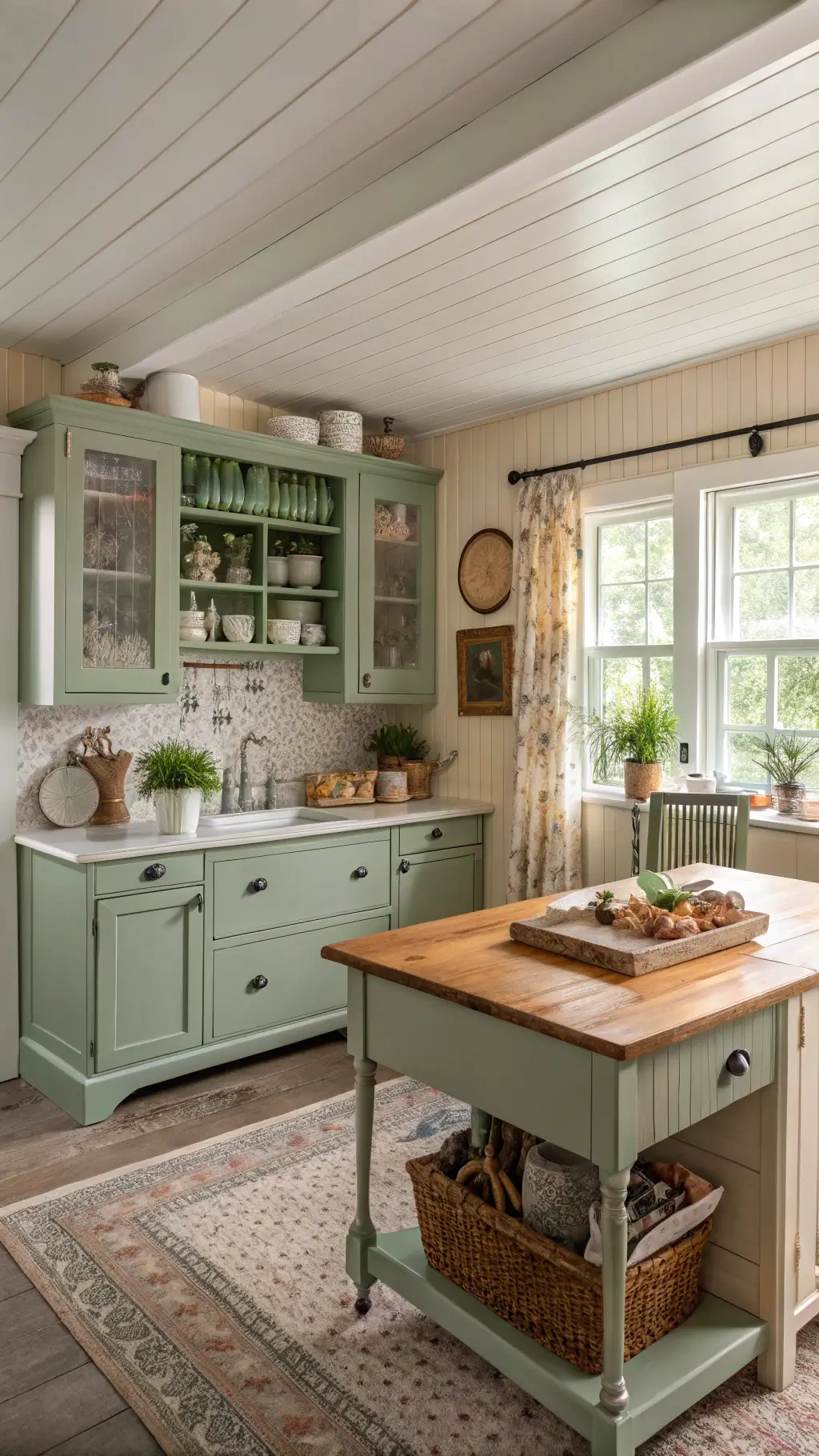 Soft sage green farmhouse kitchen with cream trim, beadboard ceiling, glass-front hutch with floral china, butcher block island, and vintage styling highlighted by morning sunlight.
