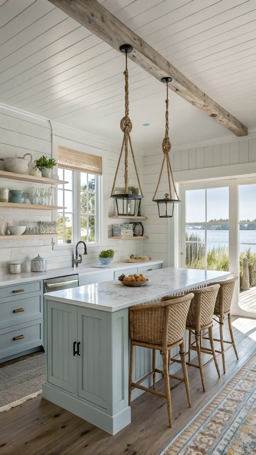 Coastal farmhouse kitchen with shiplap walls, white oak cabinets, pale blue island with marble top, open shelves with sea glass and pottery, and water view from windows during golden hour