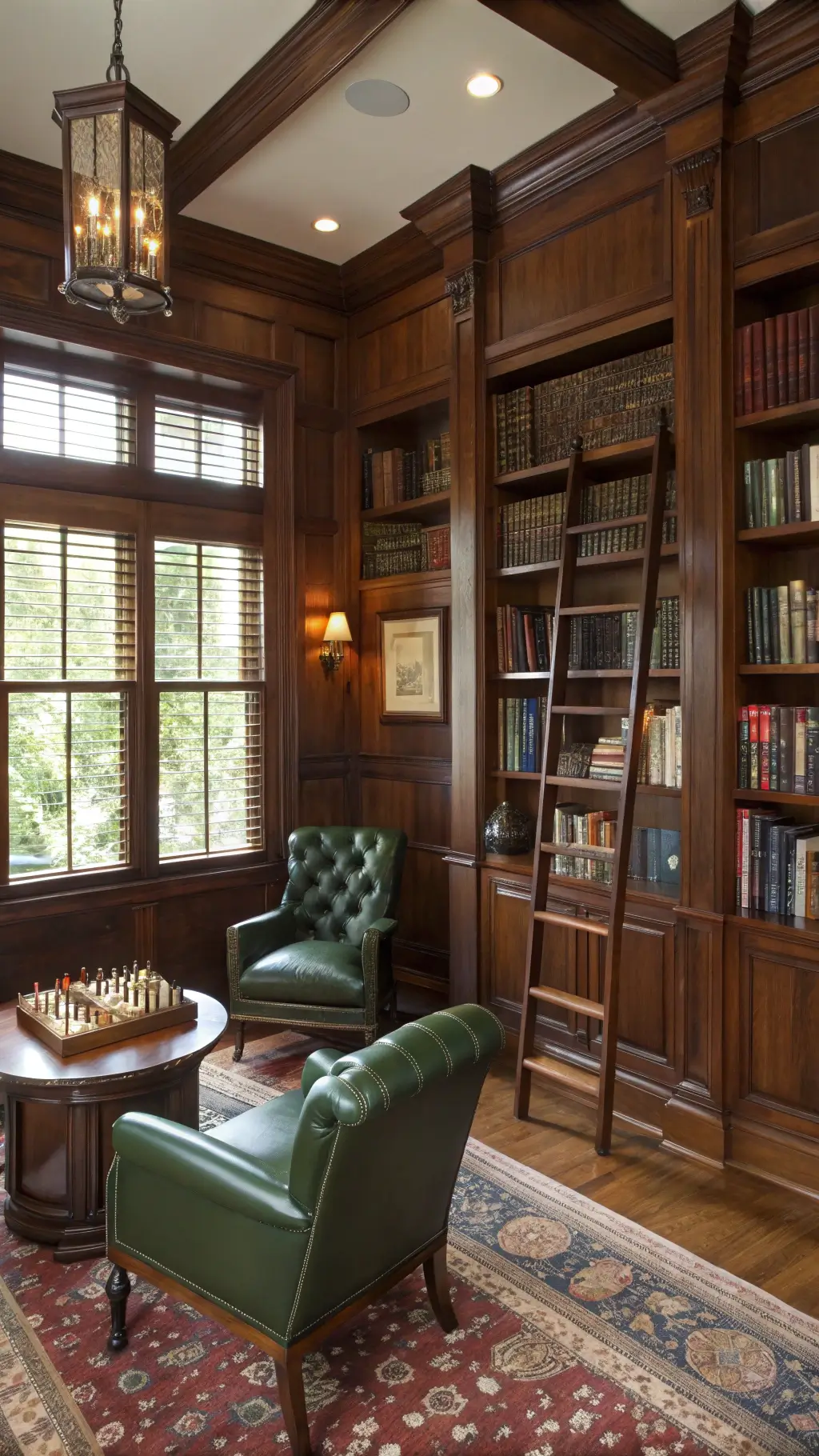 Traditional 11x13ft library featuring mahogany built-ins, sliding ladder, plantation shutters, antique chess table between forest green leather wingback chairs, and jewel-toned Oriental carpet.