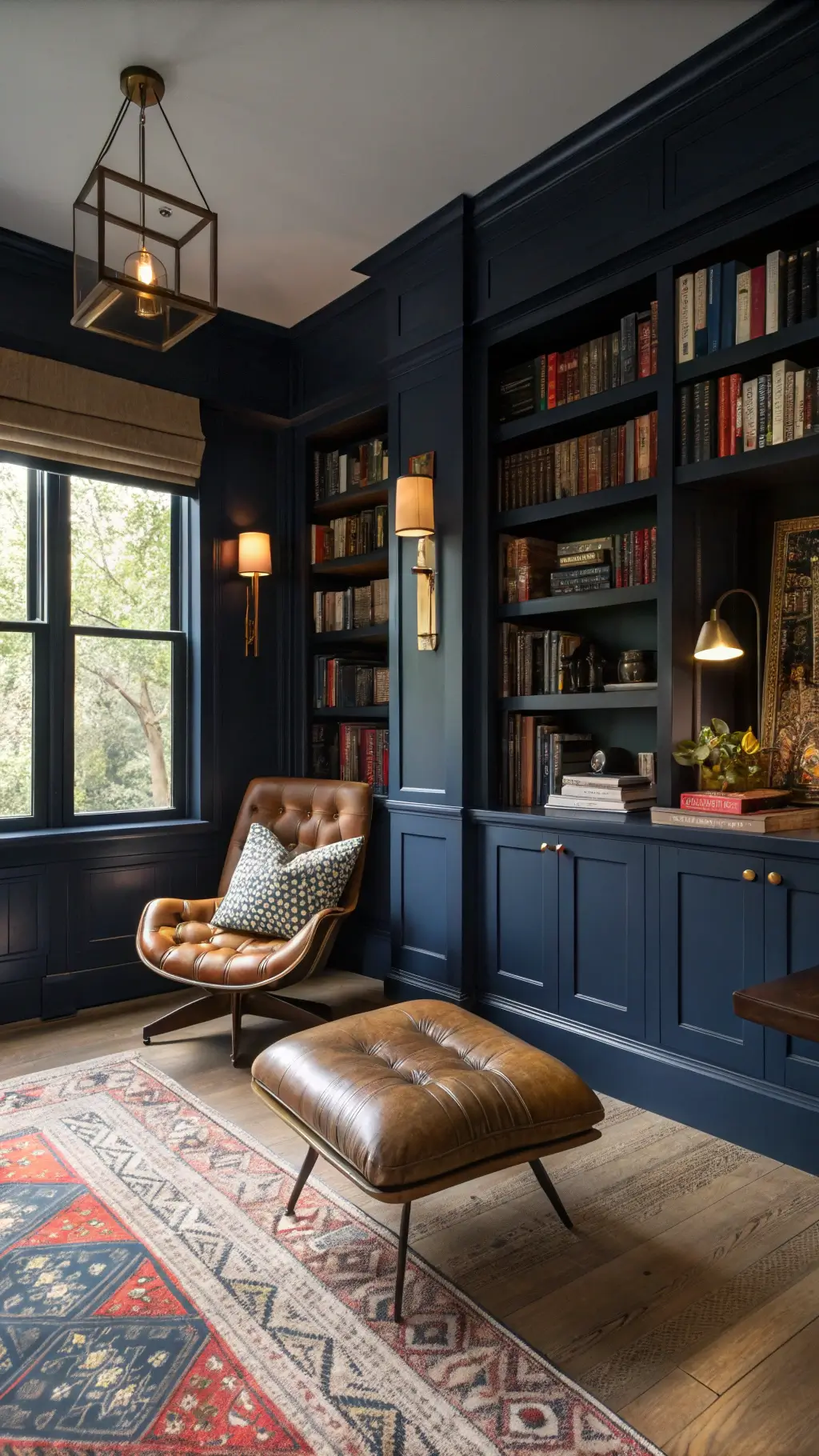 Eclectic 13x15ft library den with navy painted built-ins, golden sconces, vintage leather chair, live-edge table, kilim pillows on a window seat and personalized shelves filled with global artifacts and framed maps.
