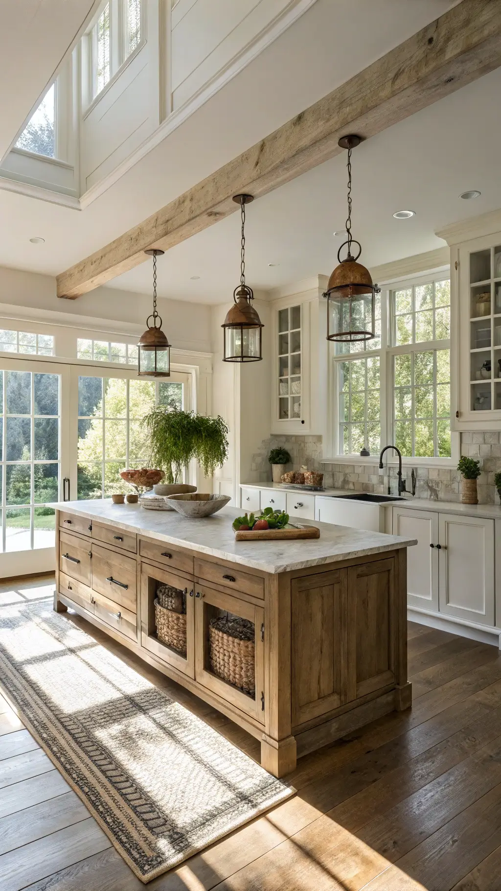 Sunny, spacious farmhouse kitchen with large weathered oak island, cream cabinets with brass hardware, and floor-to-ceiling windows