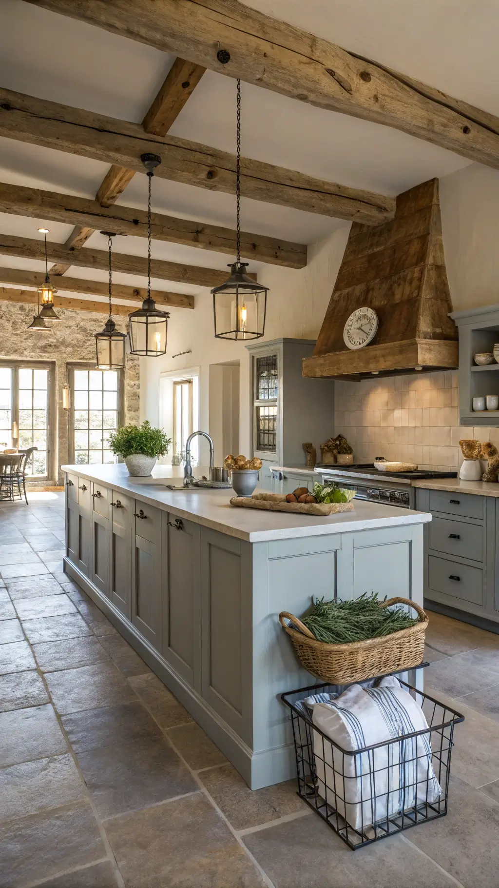 Spacious kitchen with high ceilings, wooden beams, and a large central island during golden hour. Styled with vintage details and fresh produce, conveying rustic sophistication.