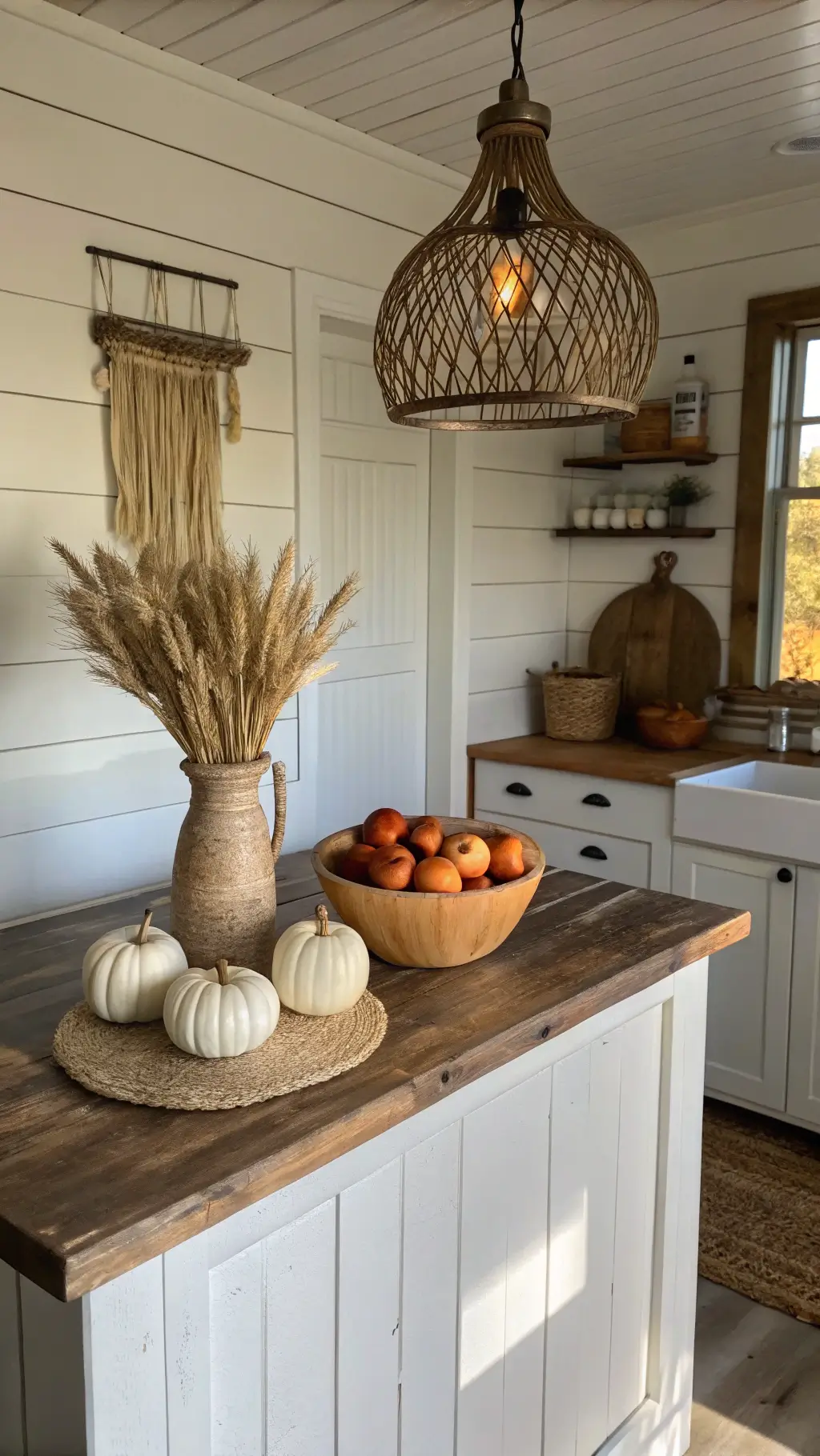 Cozy autumn styled cottage kitchen with shiplap walls, white island with reclaimed wood top, mini pumpkins, dried wheat in vase, and apple-filled dough bowl under a woven pendant light.