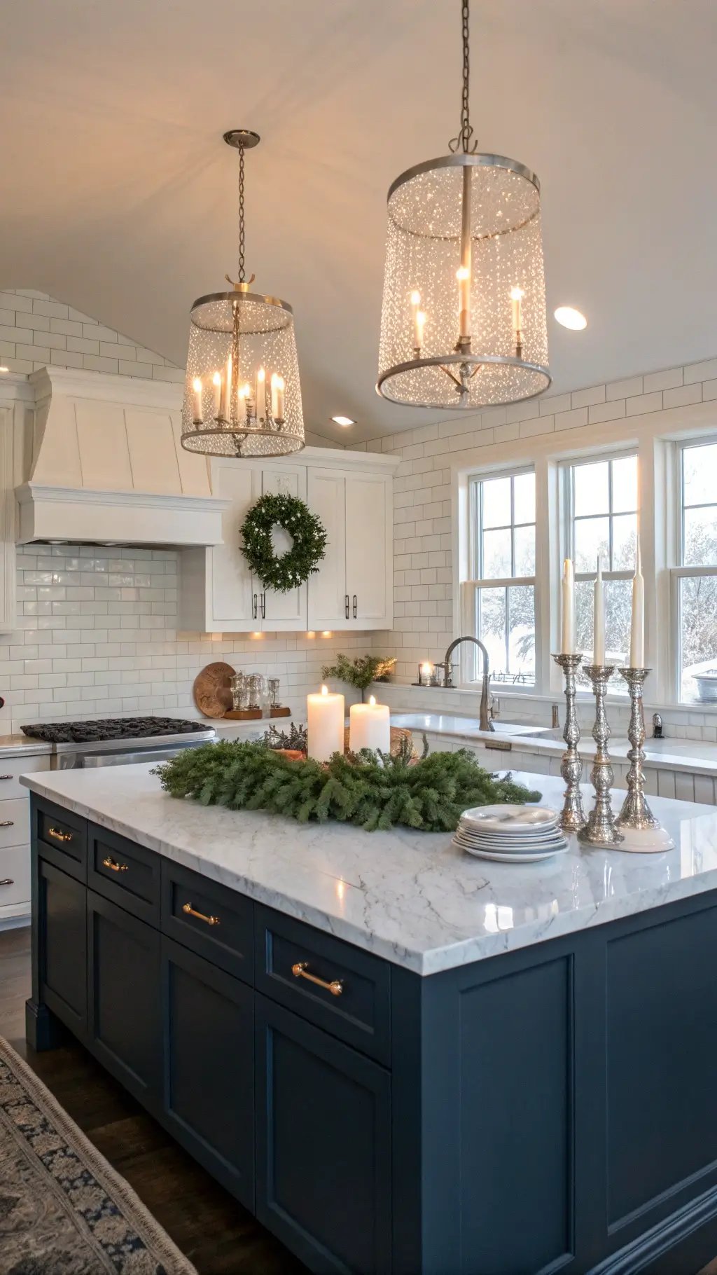Elegant modern farmhouse kitchen in winter afternoon light featuring a vaulted ceiling, 7ft dark navy kitchen island with marble top, decorated with a white ceramic cake stand, silver candlesticks, and evergreen garland, highlighted by crystal pendant lights and a white subway tile backdrop; shot straight on at counter height to emphasize symmetry.