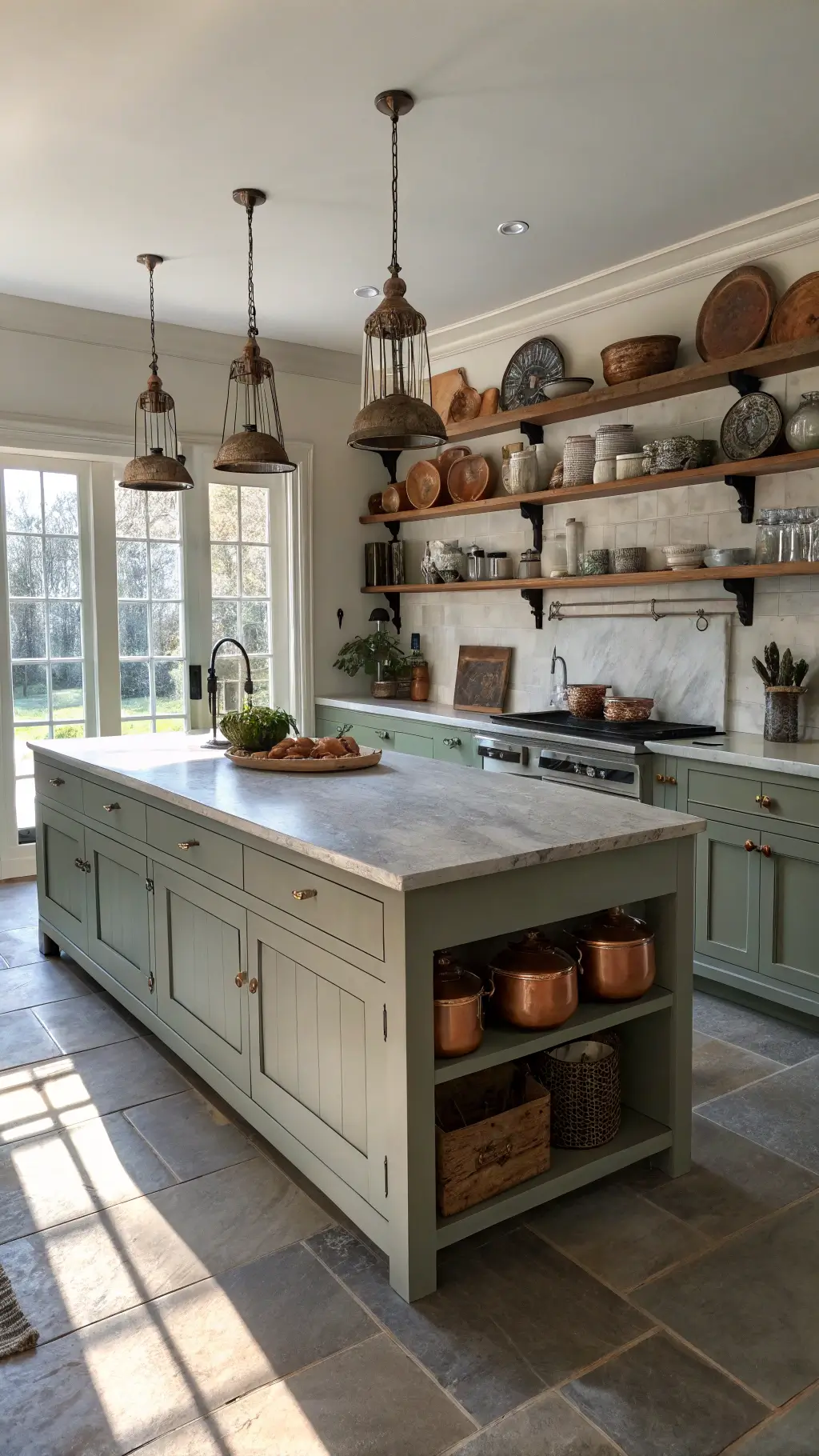Open-concept kitchen bathed in late afternoon light with a massive 9ft soapstone-topped island, vintage cutting boards, copper cookware, and sage green pottery, alongside open shelving displaying ironstone collection, shot from corner angle creating dramatic shadows.