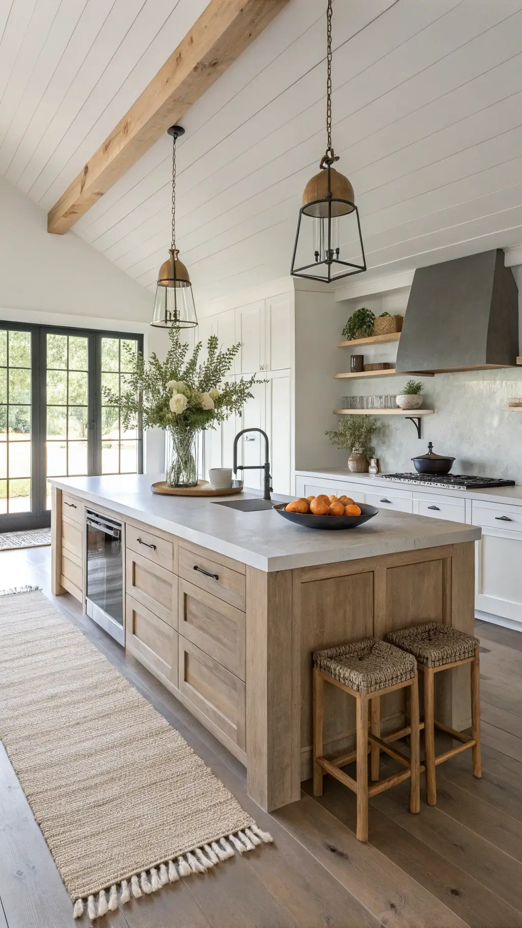 Minimalist farmhouse kitchen with white oak island and concrete top, styled with black stoneware vessels, fresh flowers, and a linen runner, illuminated by brass sconces in early morning light.