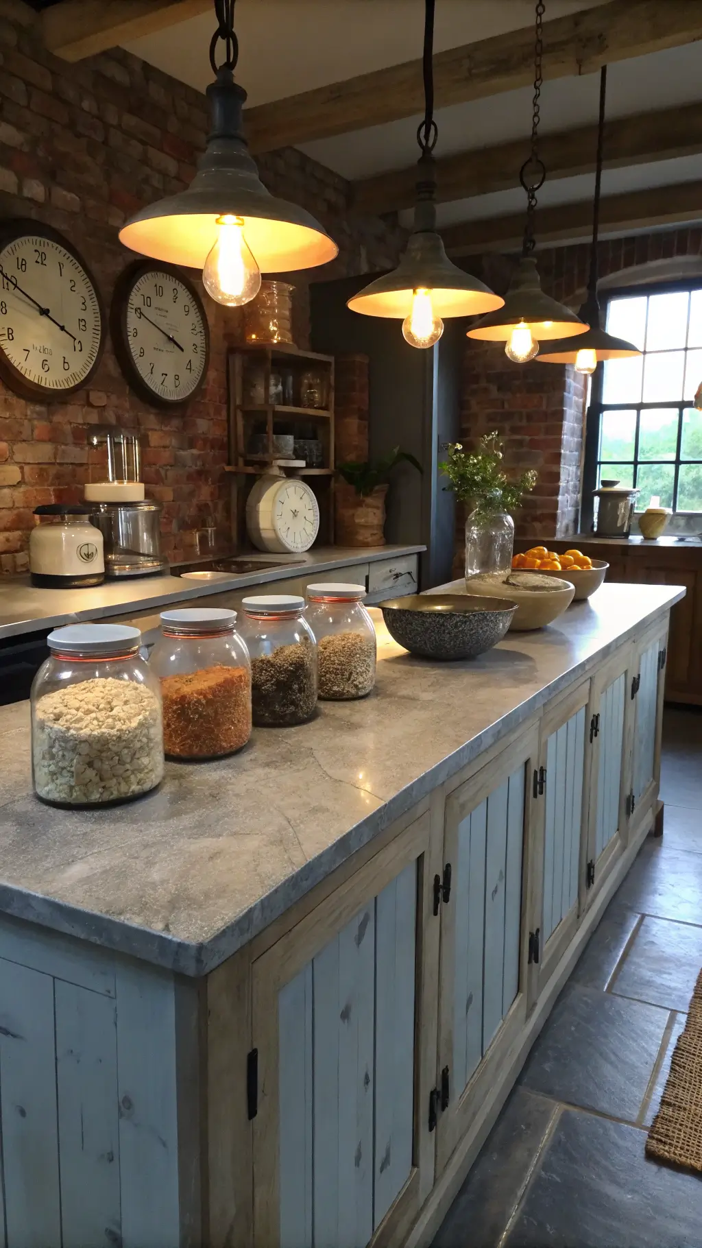 Low angle twilight view of rustic farmhouse kitchen, featuring 8ft pine island with zinc top, vintage scales, mason jars with dried grains, ceramic bowls, under warm pendant lights with a backdrop of exposed brick wall.
