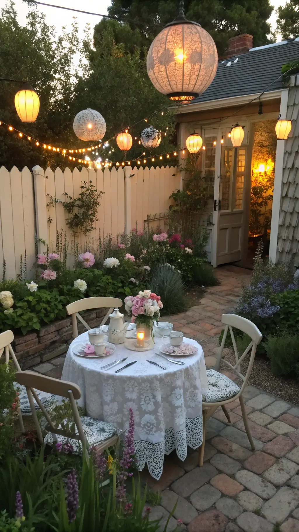Sunset view of a cozy 12x12ft garden corner featuring a round whitewashed table set with vintage floral china, lace doilies, and brass candlesticks amidst beds of delphiniums, foxgloves, and sweet peas, illuminated by hanging lanterns and warm candlelight.