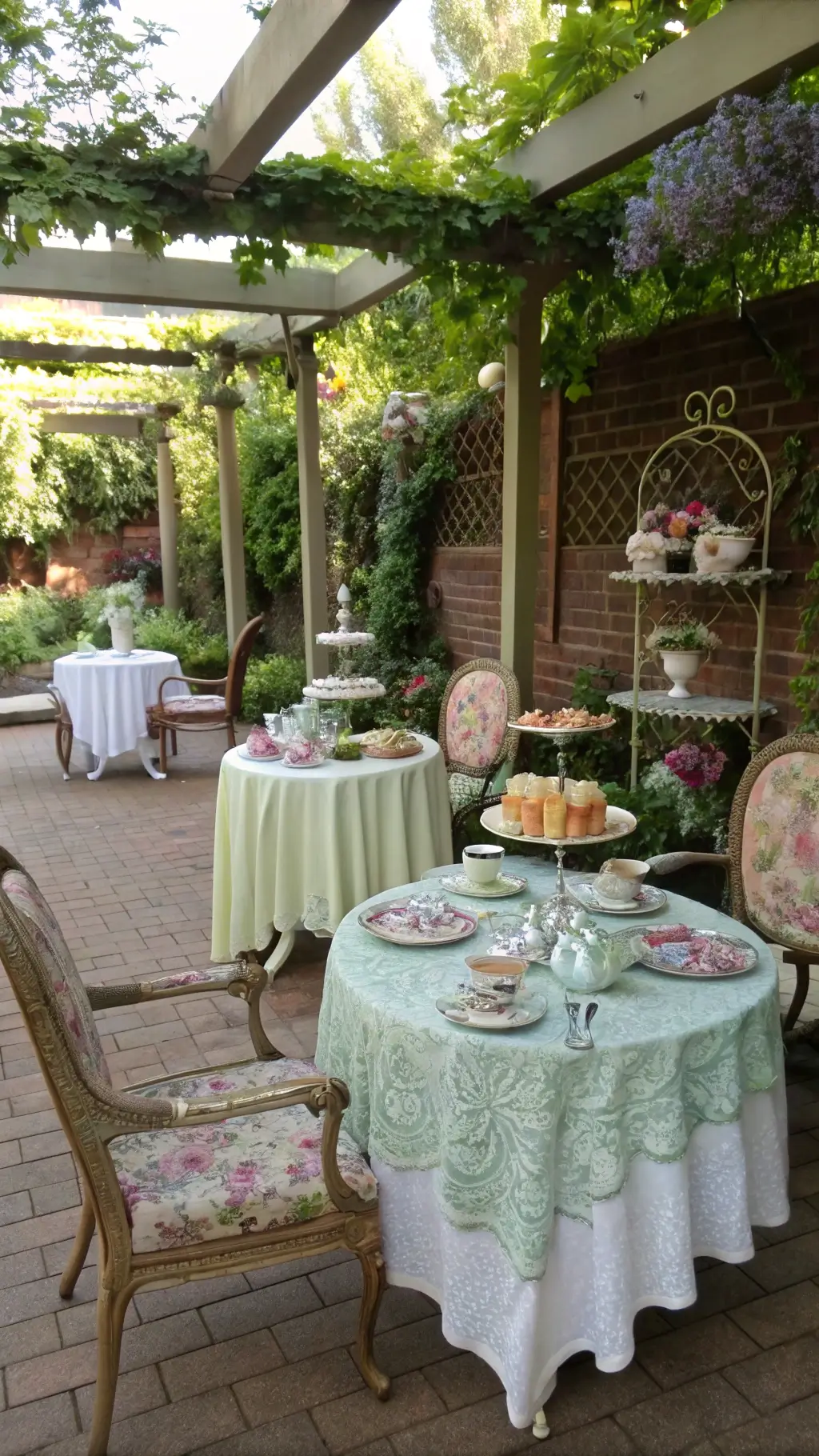 Mid-afternoon tea party in a 16x16ft pergola-sheltered patio, adorned with wisteria, vintage tables with fine china and embroidered tablecloths, tiered cake stands, and silver serving pieces. The setting is in shades of mint green, pale pink, and lavender.