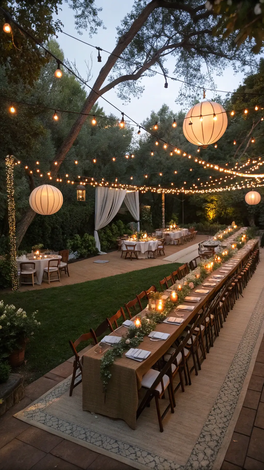 Twilight garden soiree in a 25x25ft open space with twinkling fairy lights and paper lanterns, family-style tables with candlesticks under a light canopy creating a magical ambiance, in navy, gold and ivory tones.