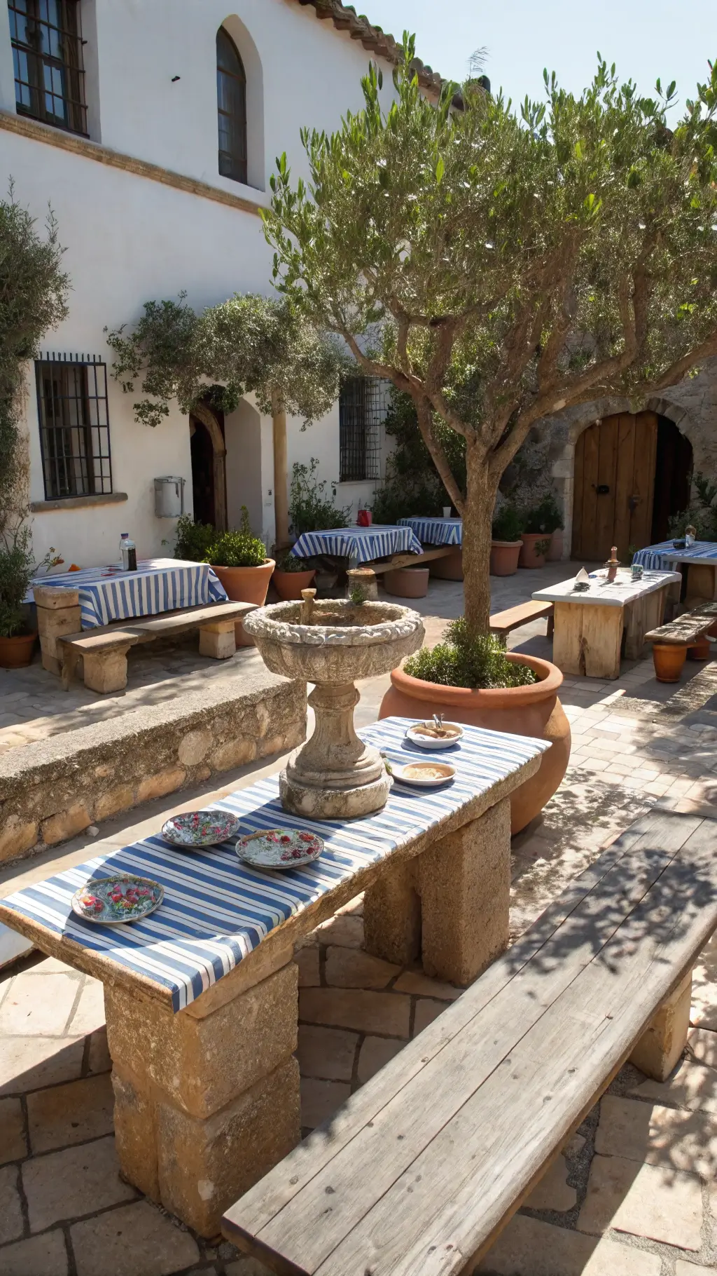 A sunlit Mediterranean courtyard at lunchtime with rustic stone fountain, long wooden tables adorned with blue and white striped linens, terracotta pots and olive branch garlands, and citrus trees in colorful ceramic pots, highlighting a picturesque combination of Mediterranean colors, textures of stone, wood, and ceramic under the daylight.