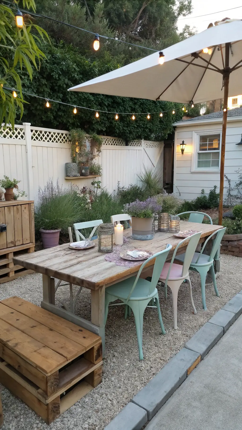 Chic budget-friendly dining patio with upcycled wooden table, mismatched pastel chairs, DIY planters and vintage decor, under a canvas market umbrella at brunch time.