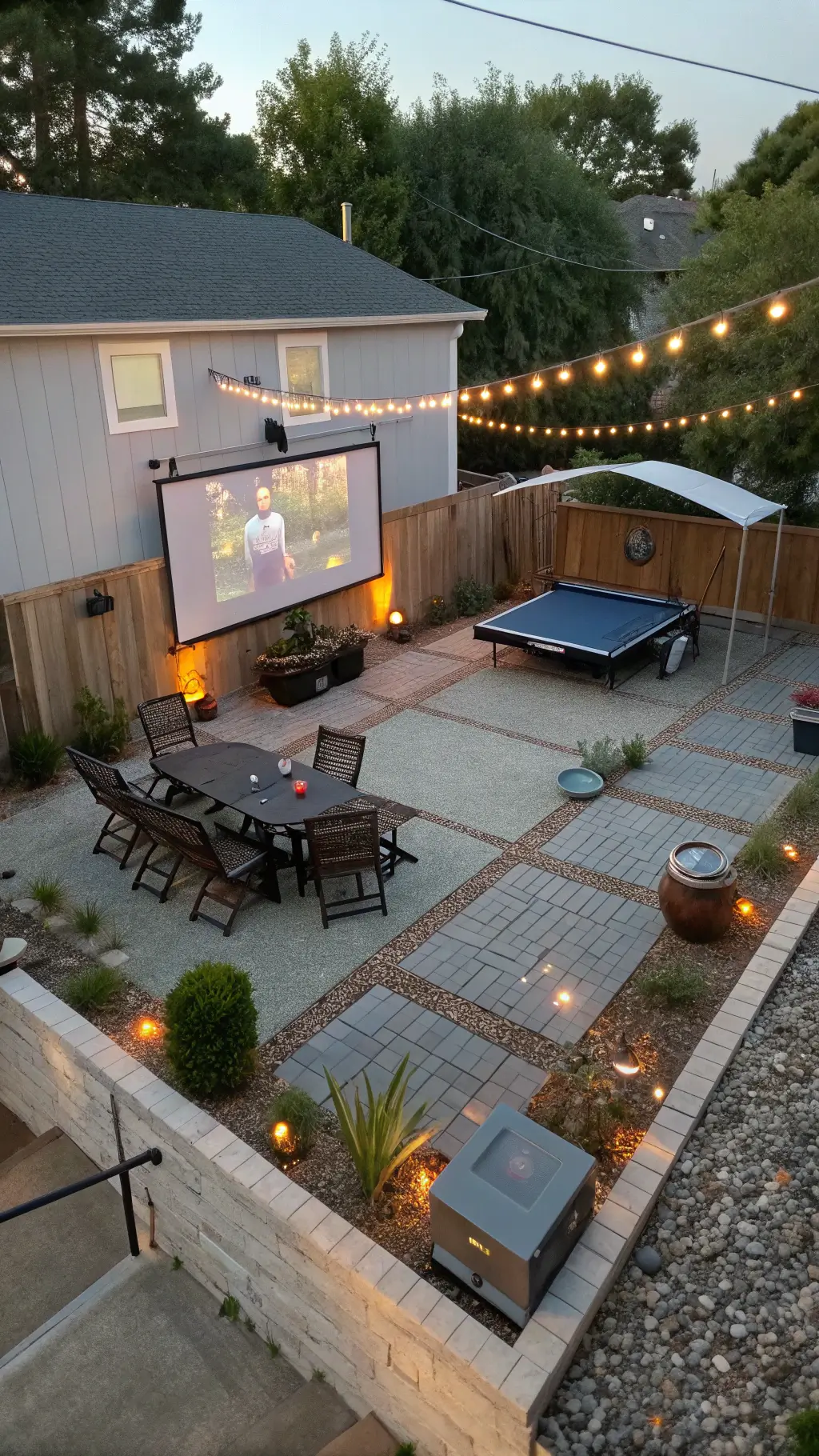 Family enjoying game night in a vibrant outdoor space with a DIY movie screen, vintage chairs around a concrete ping pong table, and a game of connect-four, illuminated by cozy solar path lights at dusk.