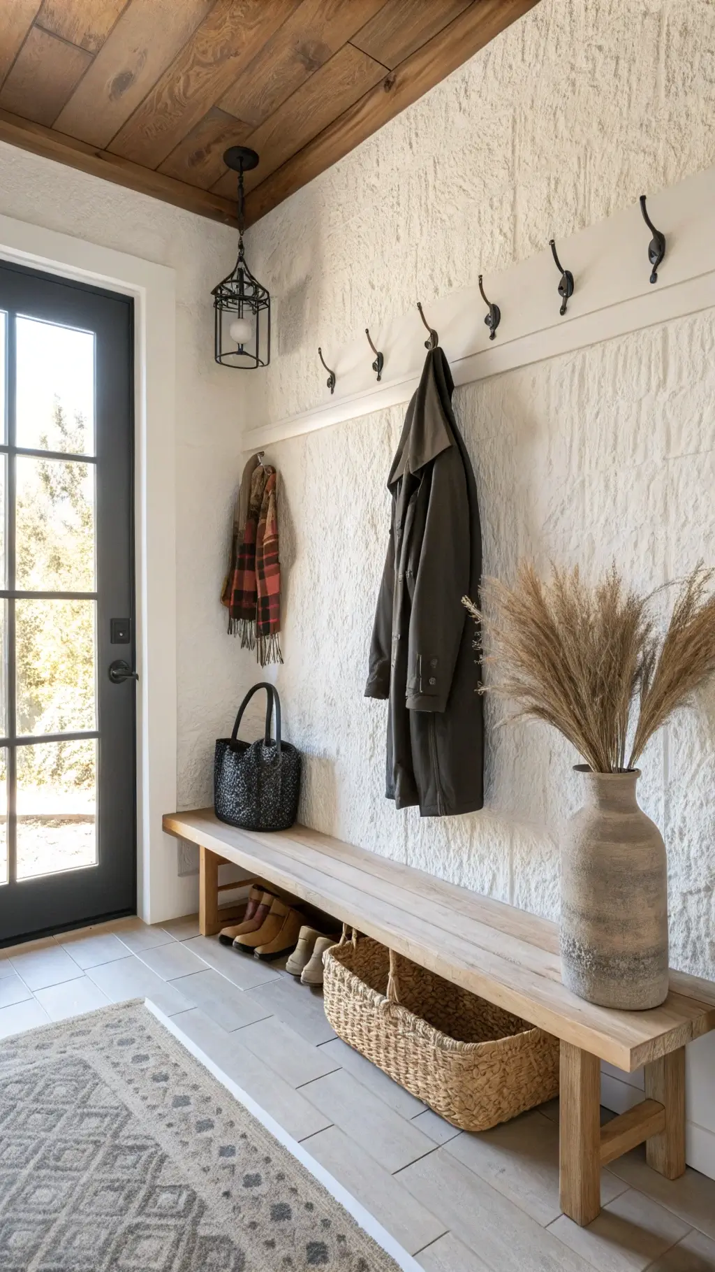 Minimalistic entryway featuring natural light, a whitewashed oak bench with rush basket beneath, and a handmade ceramic vessel with dried botanicals, all against a textured plaster wall with black metal coat hooks.