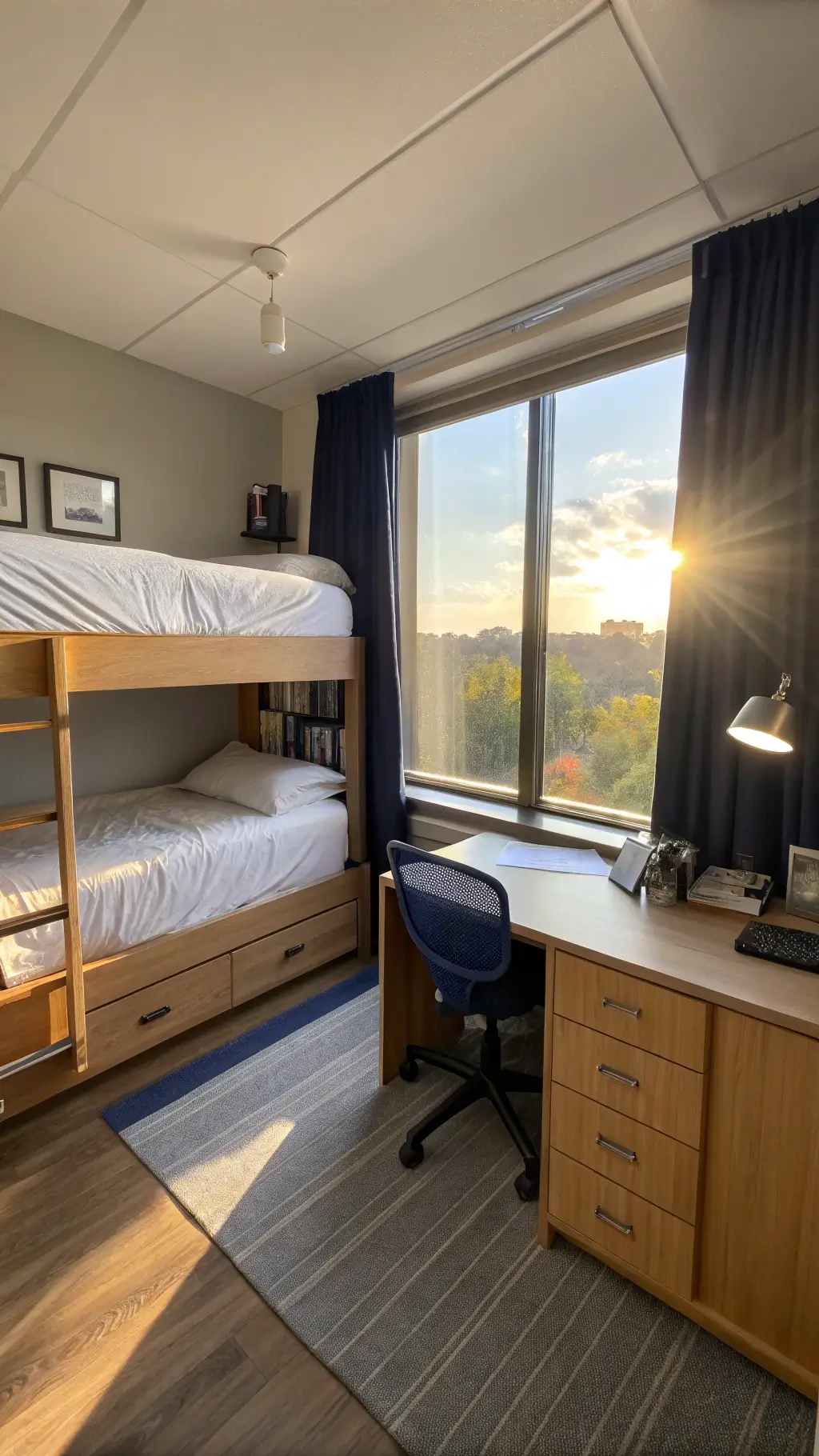 Sunny 12'x14' dorm room with lofted bed, study nook, and vertical storage solutions, adorned in natural wood tones, soft grays, and navy accents