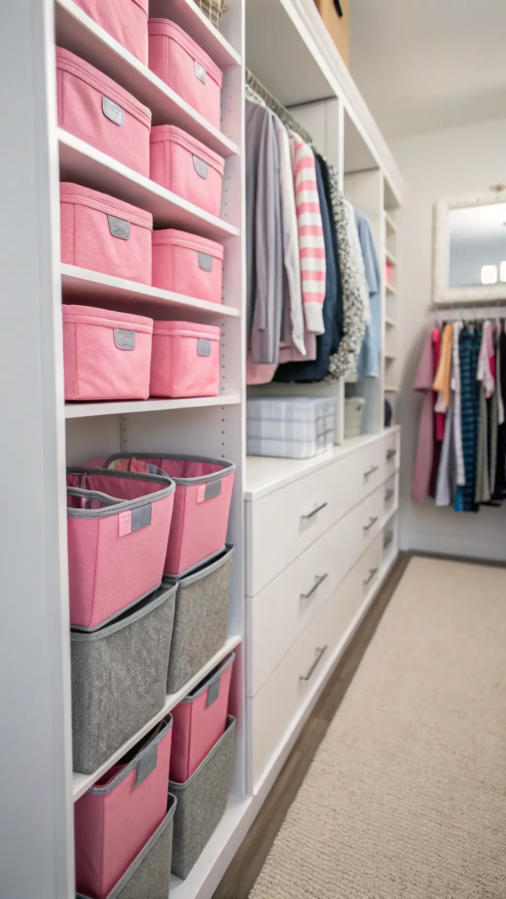 Interior view of a meticulously arranged dorm closet with color-coordinated clothes, innovative hanger hacks, and pink and gray storage bins