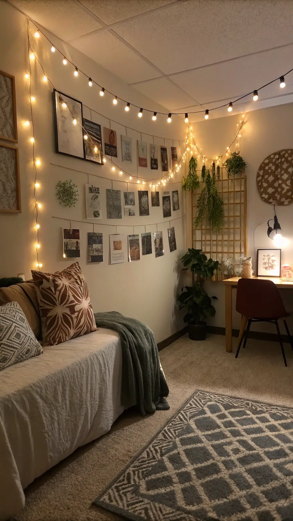 Dramatic low angle shot of a personalized dorm room featuring gallery wall with art, botanical decals, cozy reading nook with geometric pillows, plush area rug, string lights, and metallic accents in moody lighting.