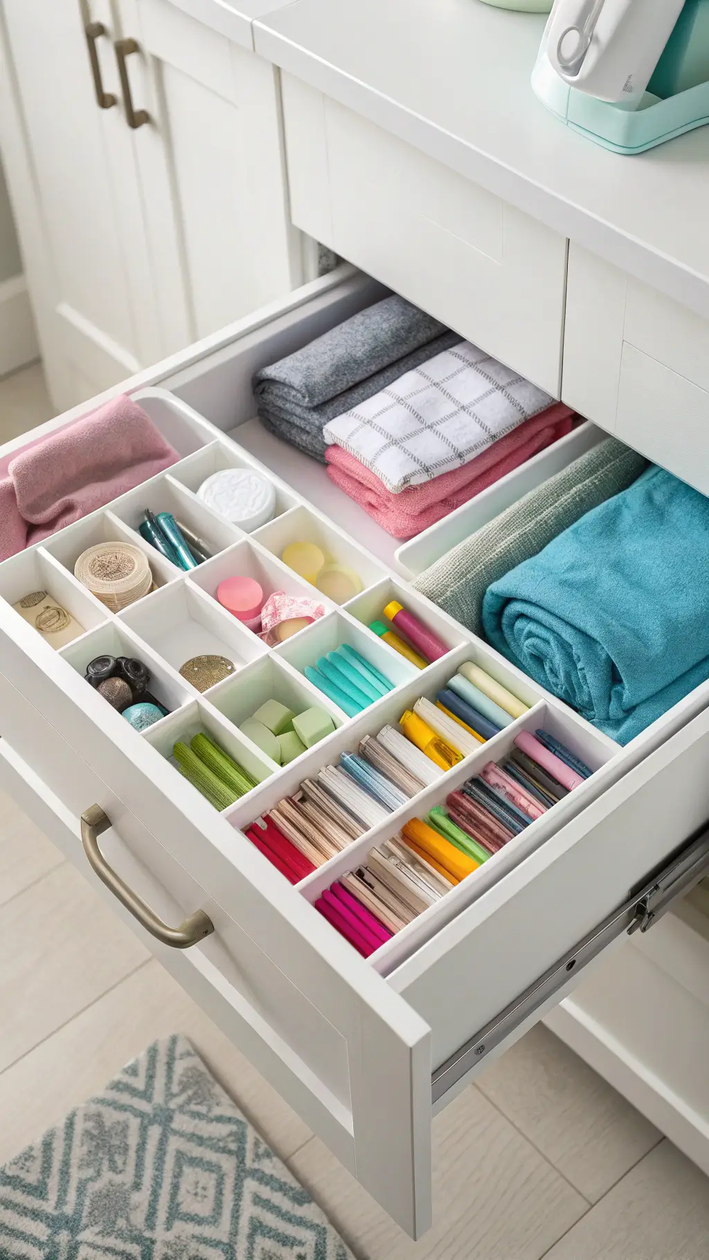 Brightly lit dorm drawer interior with clever compartment system, neatly folded clothes, pastel organizational tools, and strategically placed dryer sheets, shot in flat lay style.