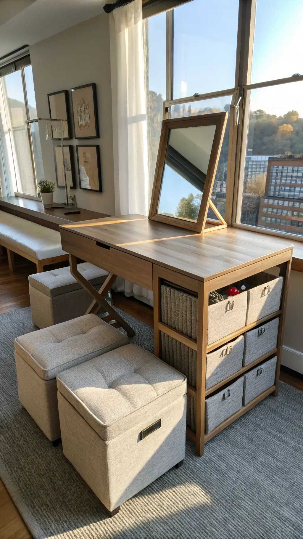 Morning sunlight illuminating a multi-functional dorm room with a convertible desk/dining table, stackable linen ottomans, and strategically placed mirrors to enhance natural light and depth.