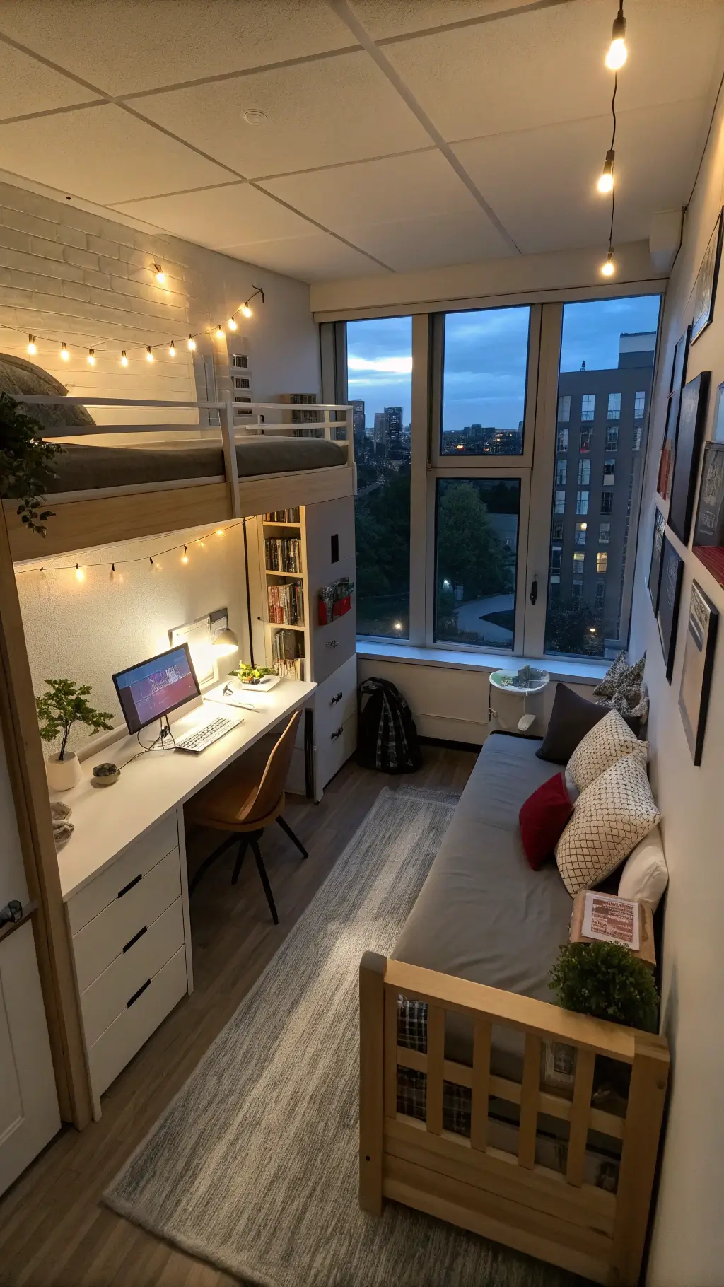 Overhead shot of an efficiently designed 12'x14' dorm room at dusk, featuring areas for study, relaxation, sleeping, and storage, illuminated by LED task lighting and cool blue-hour window light.