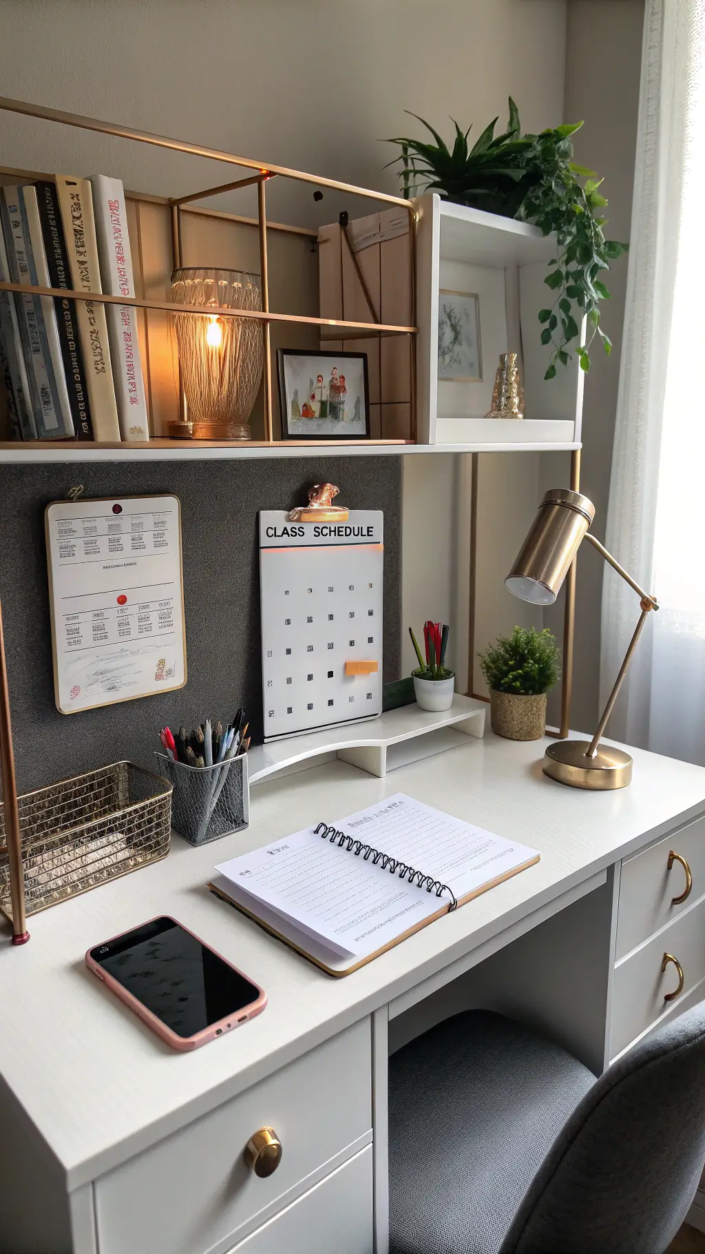 Ergonomic dorm desk setup with hutch, class schedule displayed on phone, and organized study materials, accentuated by afternoon golden light and task lighting