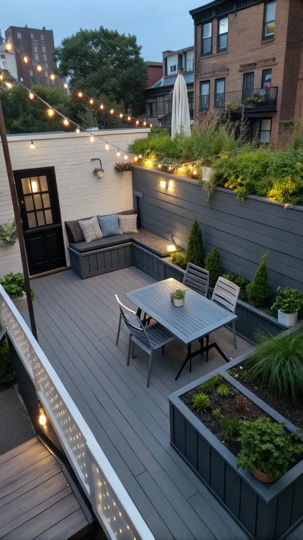 Compact urban deck with space-saving furniture, corner storage bench, vertical self-watering garden wall, string lights, and LED uplighting, shot from an above angle with blue hour ambient light at twilight.