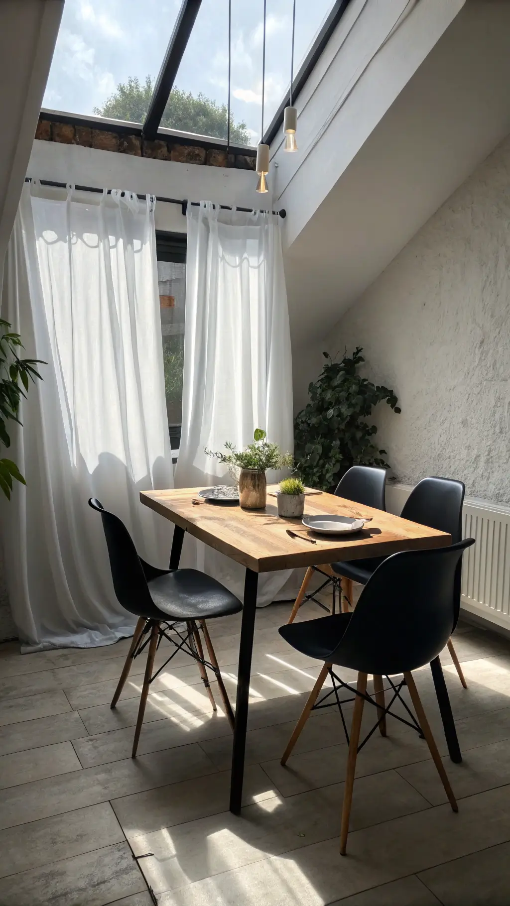 Midday shot of a compact 10x12ft dining space with four black chairs, bleached oak table under skylight, raw silk curtains, and monochromatic styling with white ceramics and black metal accents.