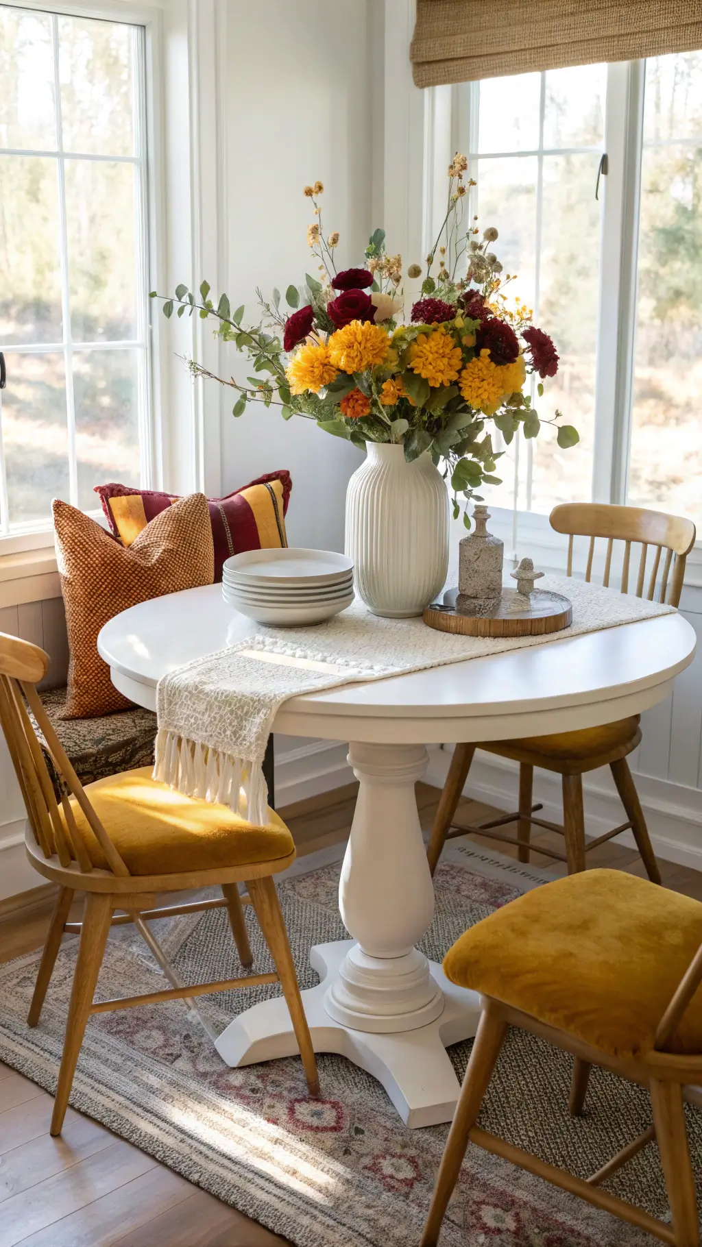 Bright breakfast nook bathed in morning light featuring round pedestal table with cotton runner, white pottery centerpiece with orange ranunculus, yellow dahlias, and burgundy leaves, Windsor chairs adorned with golden velvet lumbar pillows, capturing a bright, airy atmosphere enriched by vibrant fall colors.