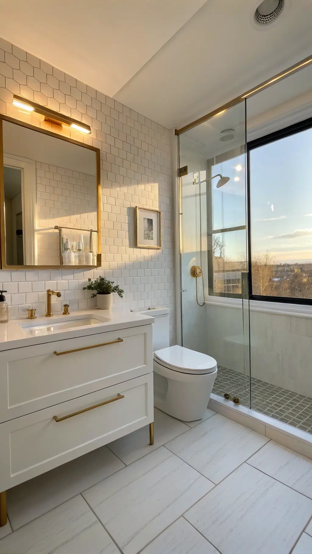 Minimalist bathroom with golden sunlight through frosted window, white wall-mounted vanity with brass fixtures, vertical white subway tiles, frameless glass shower panel, wall-hung toilet, and light oak storage tower