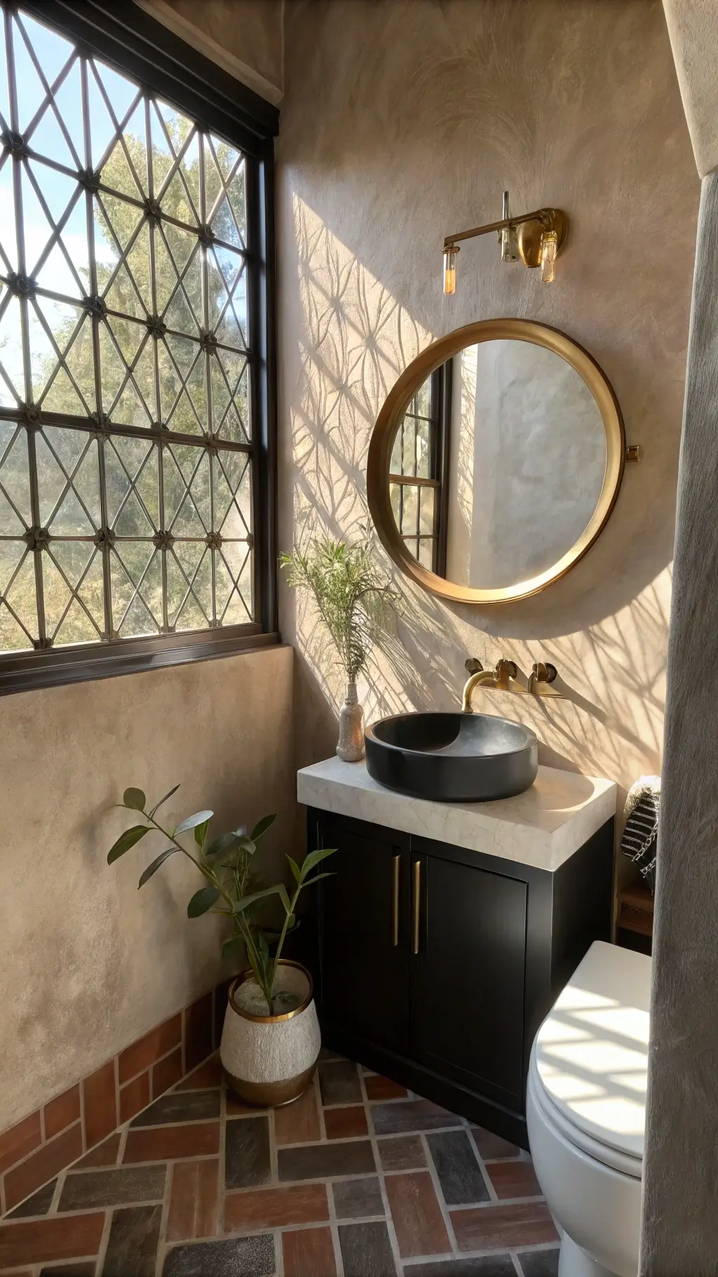 Intimate powder room with warm greige Venetian plaster walls bathed in natural light from a geometric window, featuring a round brass mirror above a matte black wall-mounted sink, copper toned penny tile flooring, and a single eucalyptus stem in a vase.