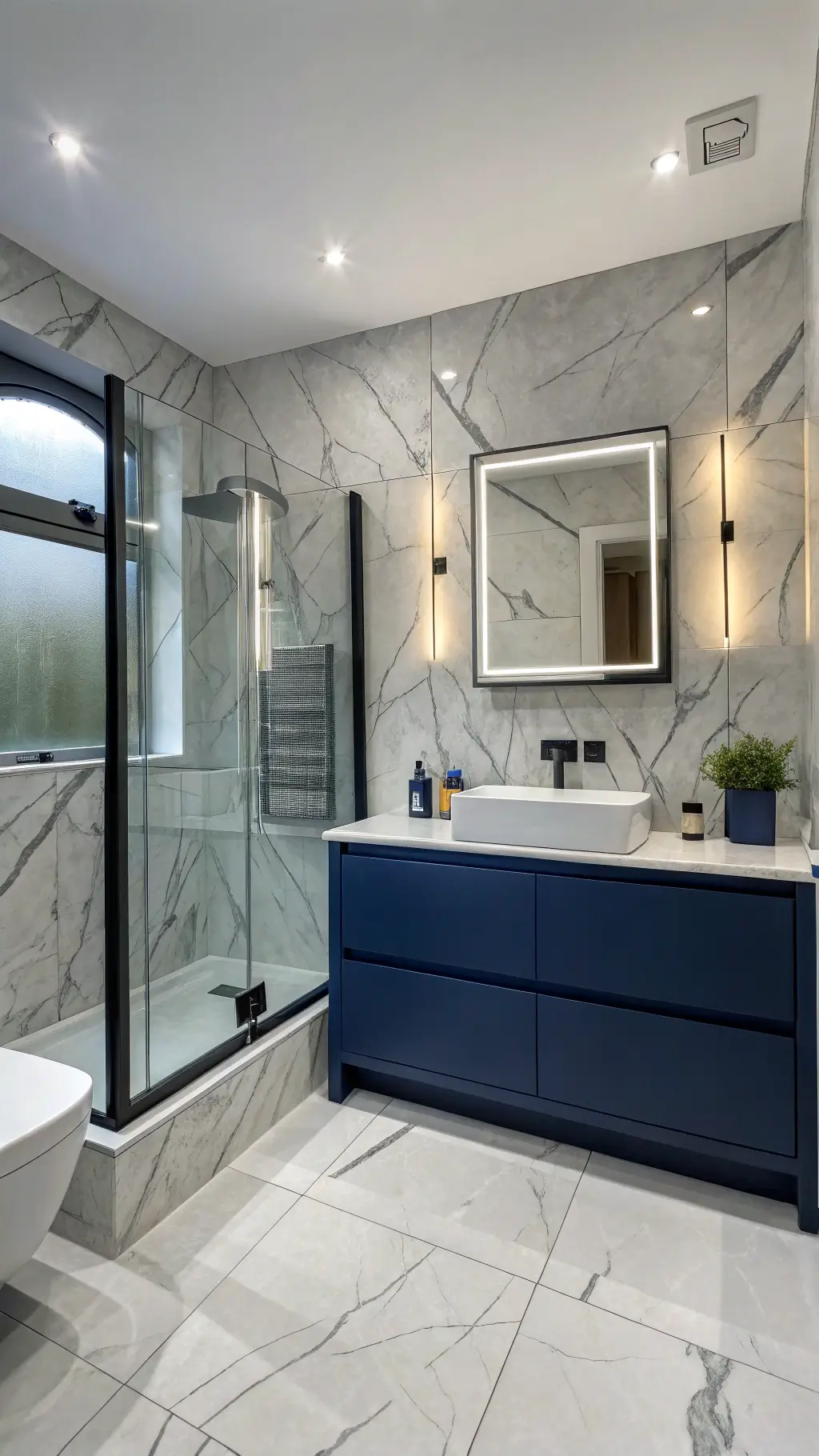 Luxurious 6x8ft bathroom with large grey marble-effect porcelain statement wall, navy blue wall-mounted vanity, white hexagonal heated floor tiles, and integrated LED mirror during blue hour