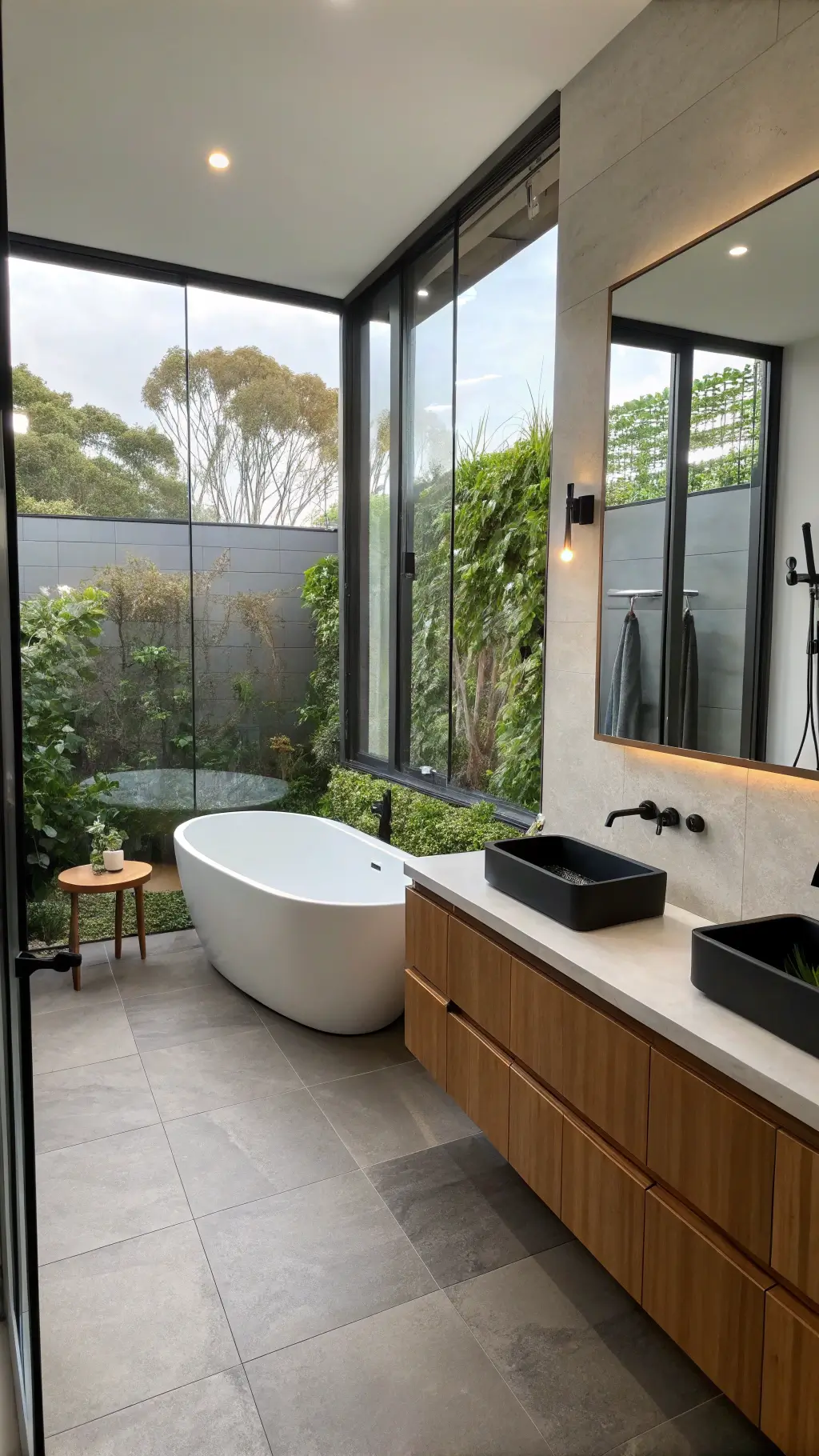 Compact master bath with freestanding oval soaking tub, walnut double vanity, and vertical garden wall, bathed in diffused morning light.