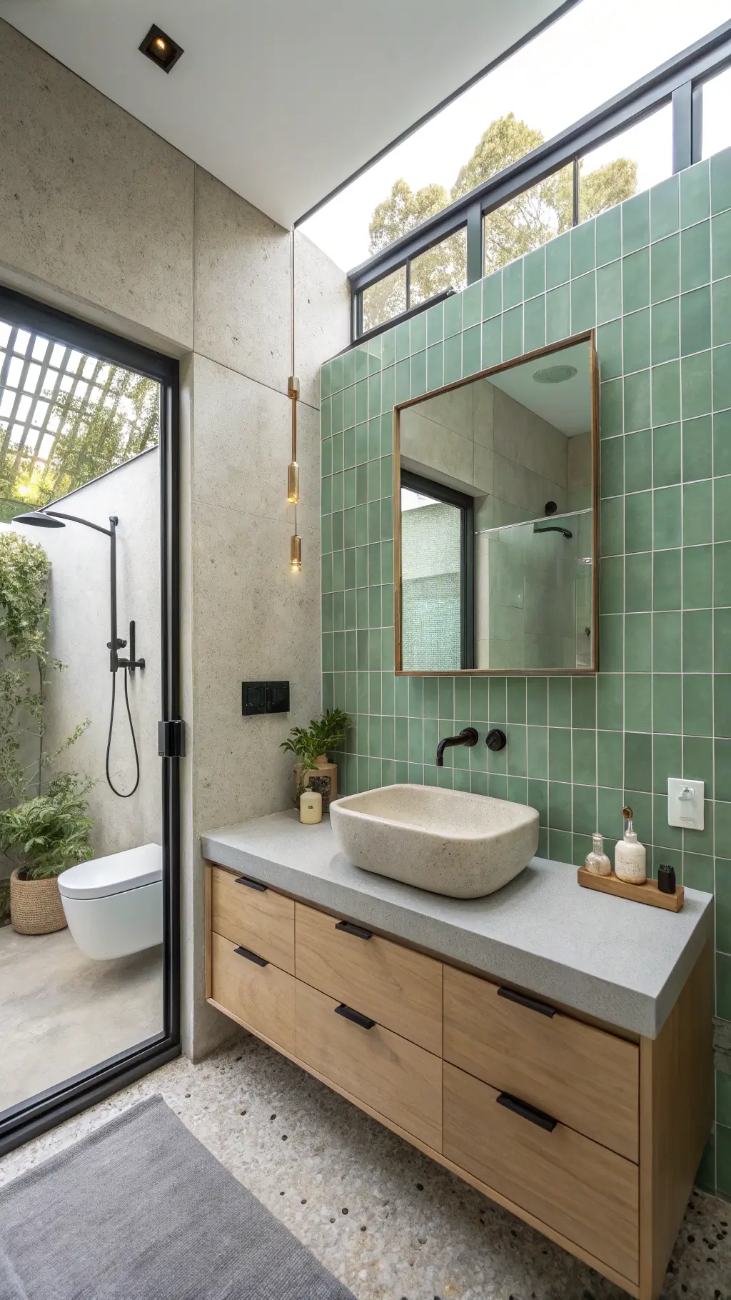 Aerial view of a contemporary bathroom featuring a sage green zellige tile wall, brass faucet, concrete sink, terrazzo flooring, slim black mirror, and a minimalistic shower area with a glass panel.