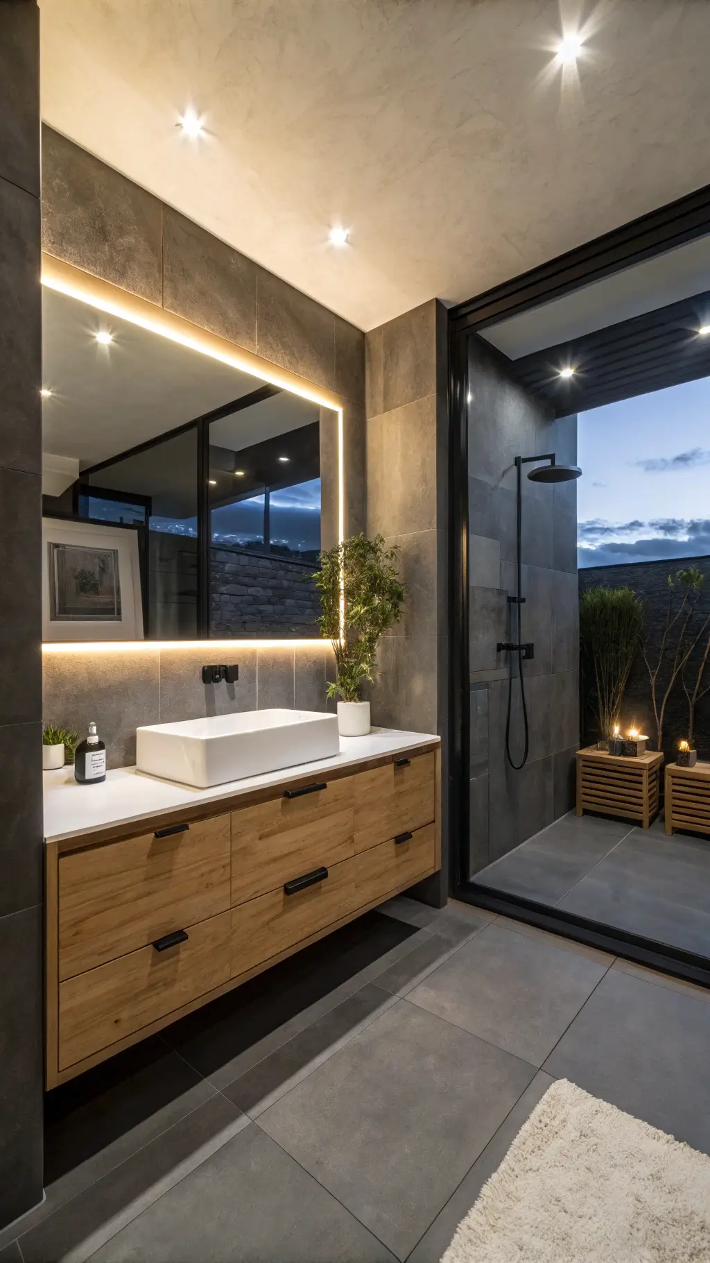 Dusk-lit urban bathroom featuring a black slate accent wall, white micro-cement surfaces, floating vanity in bleached oak with lighting, ceiling-mounted rainfall shower, and large backlit mirror wall enhancing spatial perception.