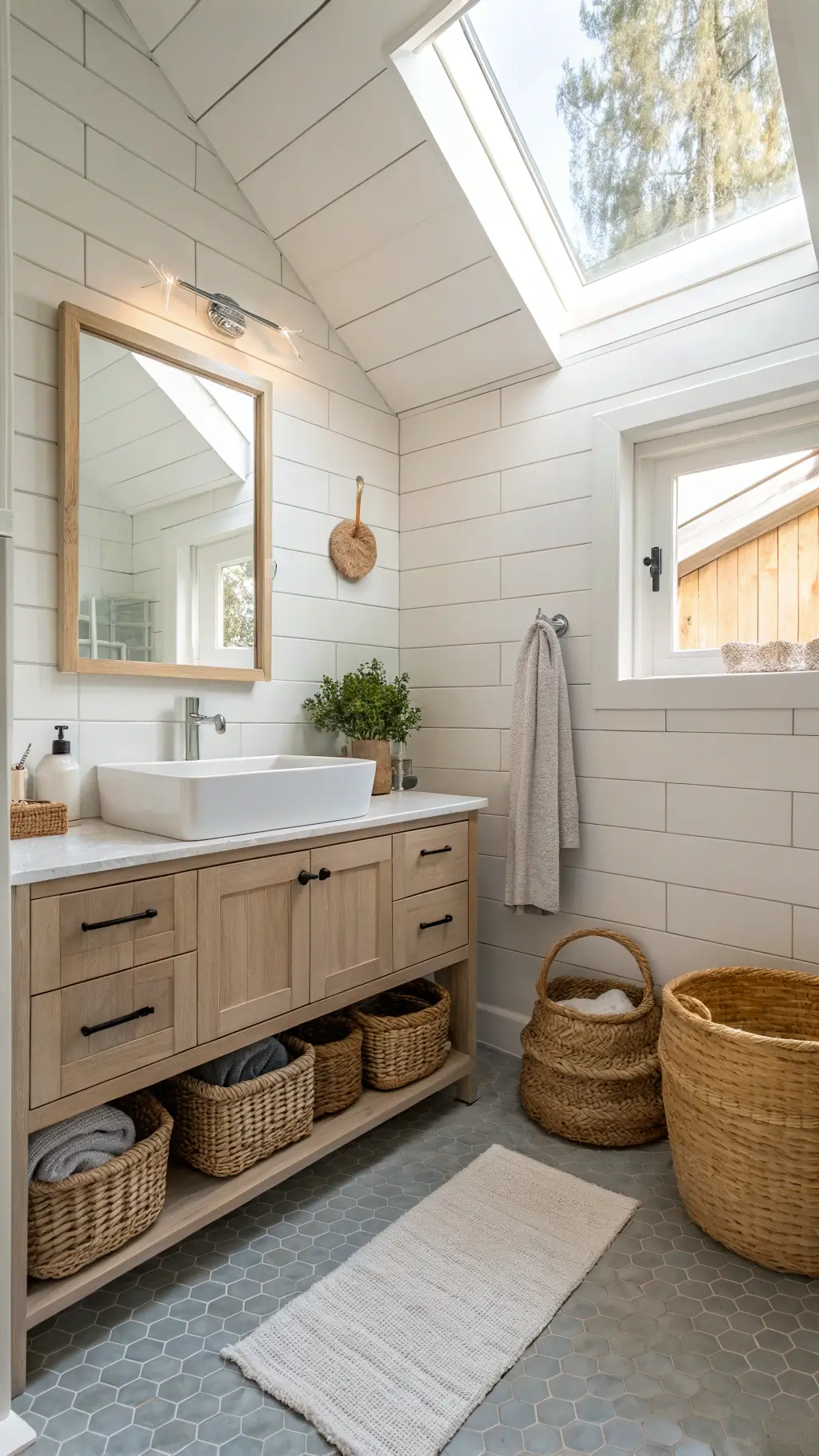 Scandinavian-inspired bathroom with white shiplap walls, pale ash wood vanity, grey penny round tiles, frameless shower glass, and minimal line art during morning golden hour.