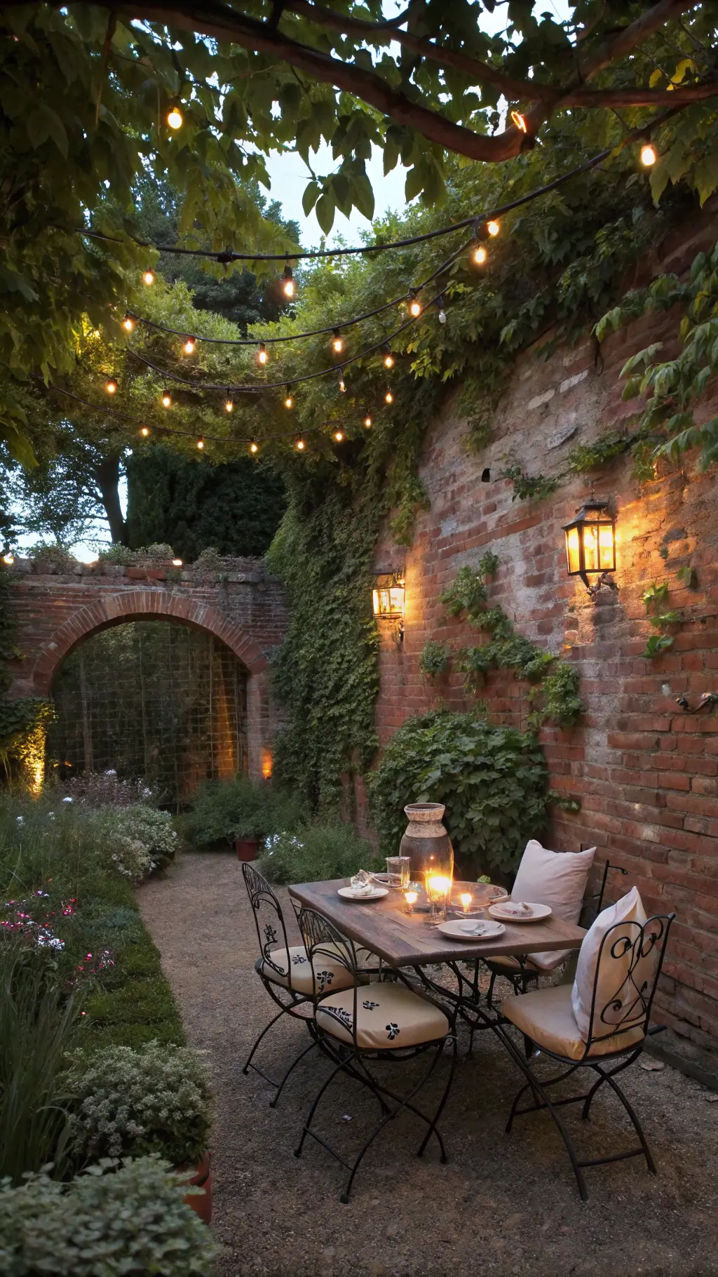 Twilight view of a cozy garden nook with ancient brick walls covered in roses and ivy, reclaimed wood dining table for six with mason jar centerpiece, wrought iron chairs with cream cushions, overhead bistro lights, and gravel pathway with earth-tone palette.