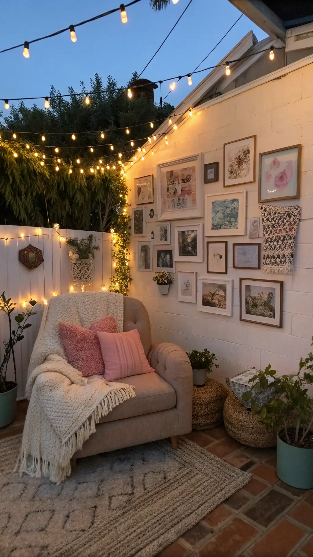 Twilight view of a cozy 16x18ft living room with pastel photo collage on walls, an oversized armchair with throw pillows and knit blankets, fairy lights weaving through potted plants, and mixed ambient lighting.