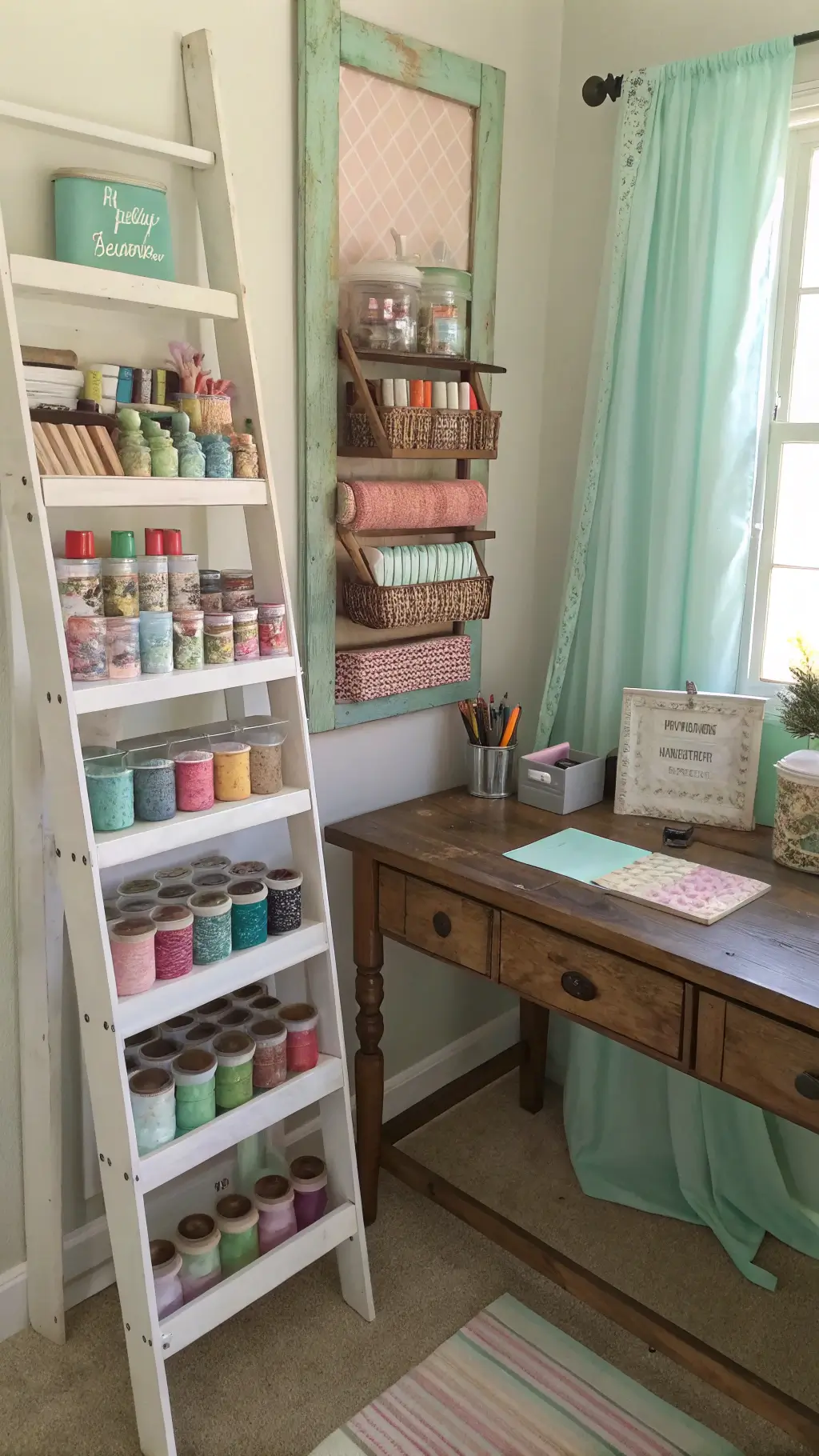 Charming, well-organized craft corner featuring repurposed ladder shelving, color-coordinated supplies in mason jars, and a vintage wooden desk in afternoon light.