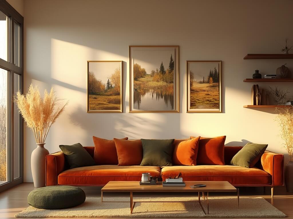 "Sophisticated living room with burnt orange velvet sofa, autumn landscape art, and natural light during golden hour"