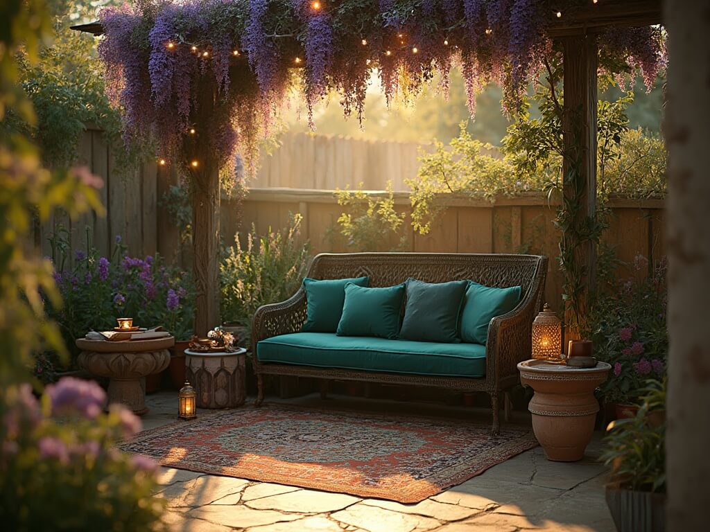 "Secluded bohemian garden sanctuary at golden hour, featuring a vintage loveseat under a wooden pergola with flowering wisteria, surrounded by ornamental grasses, roses, and a copper side table with cup of tea and book."