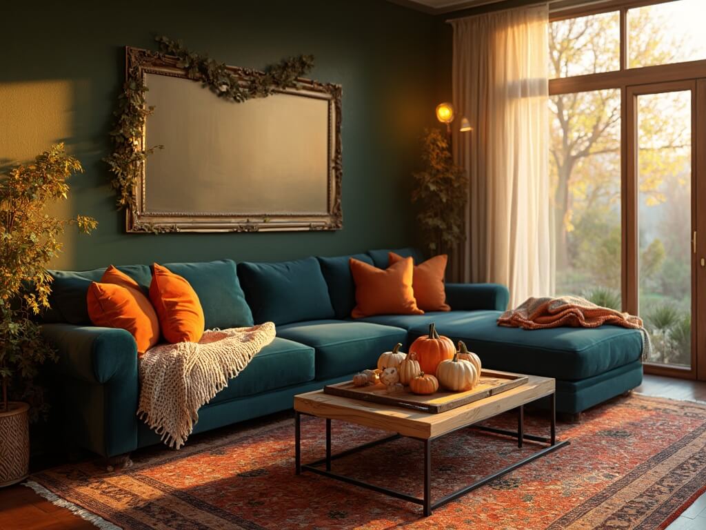 "Cozy autumn-themed living room with navy velvet sectional, rust-orange and cream knit throws, vintage Persian rug, olive green accent wall with brass mirror, ceramic pumpkins on reclaimed wood coffee table, eucalyptus garland with LED lights, and copper accents, styled and photographed in warm color grading"