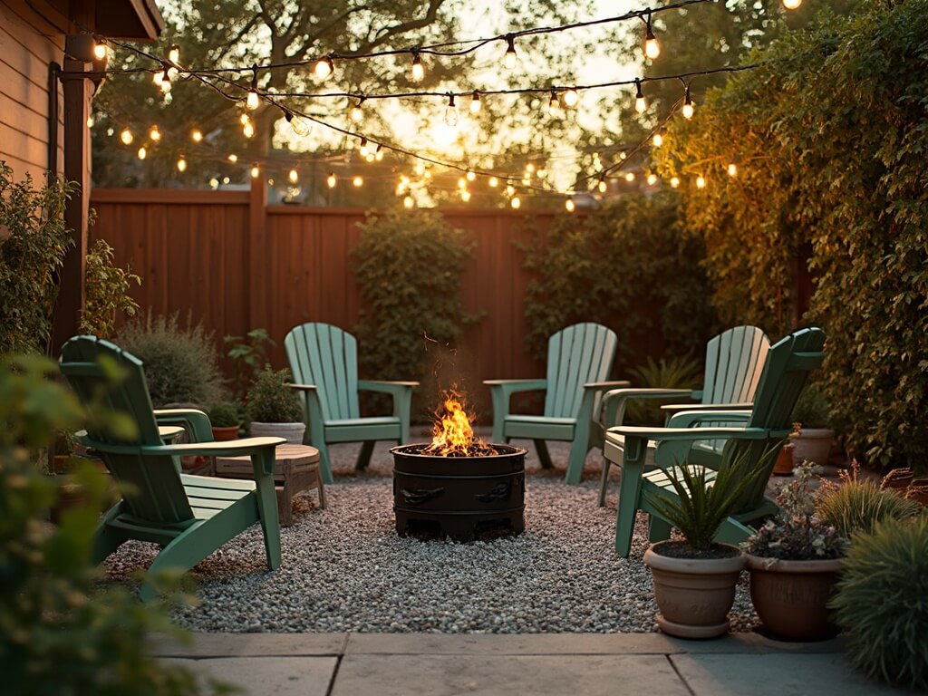 "Cozy backyard patio with gravel, fire pit, overhead string lights, and green Adirondack chairs during golden hour"