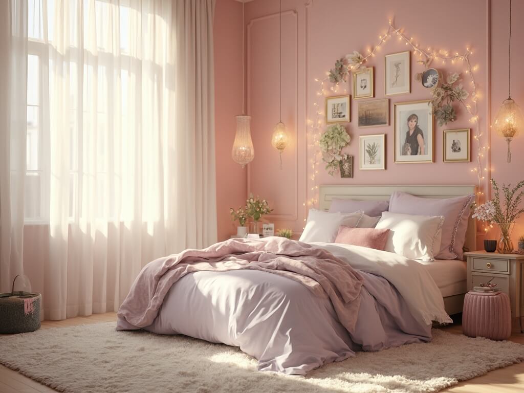"Dreamy pastel bedroom with golden sunlight, vintage decor, and ethereal ambiance"