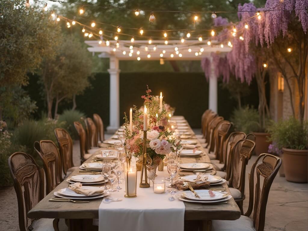 "Enchanted garden party on a terrace at twilight with antique table settings, strands of warm LED lights, and lush floral decorations."